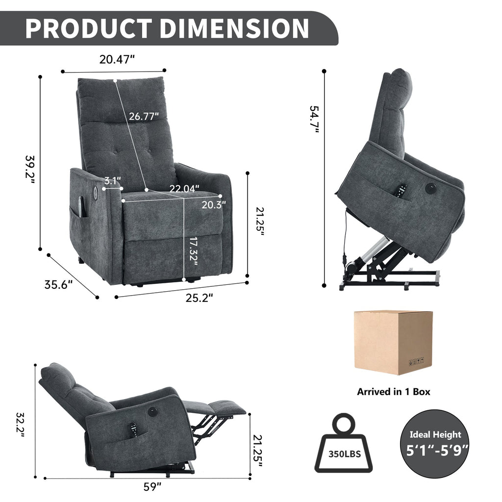 Grey Chenille Single Motor Power Lift Recliner Chair