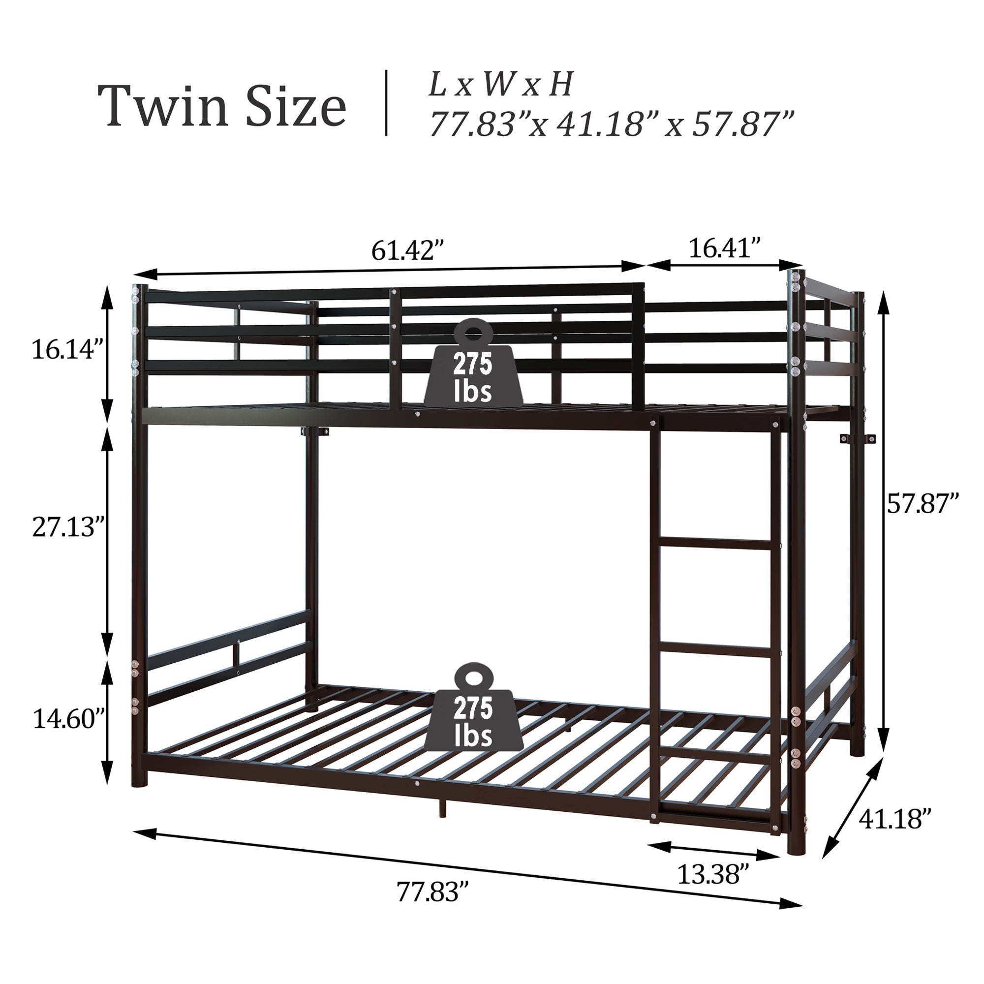 Bunk Bed with Ladder and High Guardrail Metal Bunk Bed, Storage Space, Noise Free, Twin Over Twin Size
