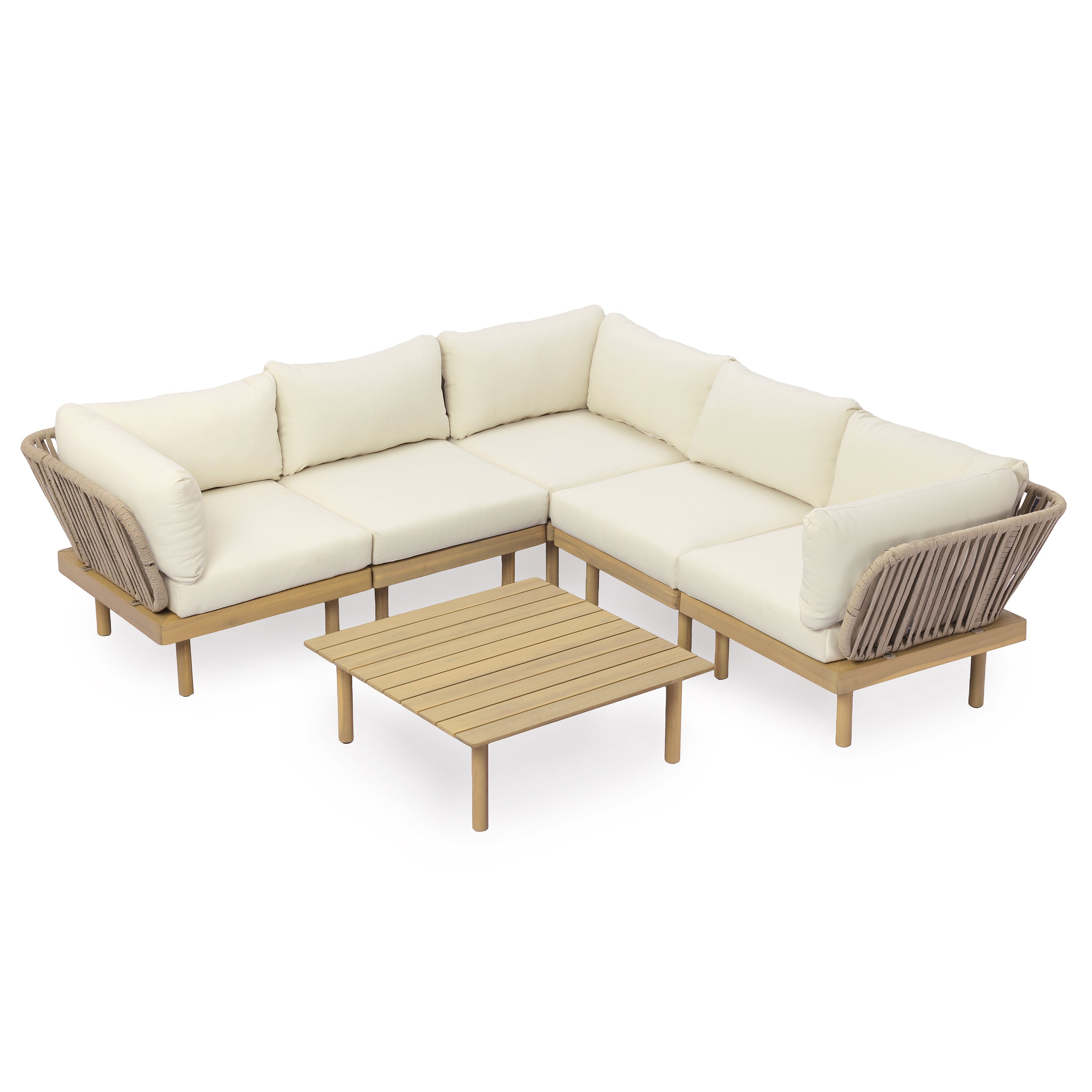 Acacia Wood Outdoor Corner Chair with Rope Back & Weather-Resistant Cushion