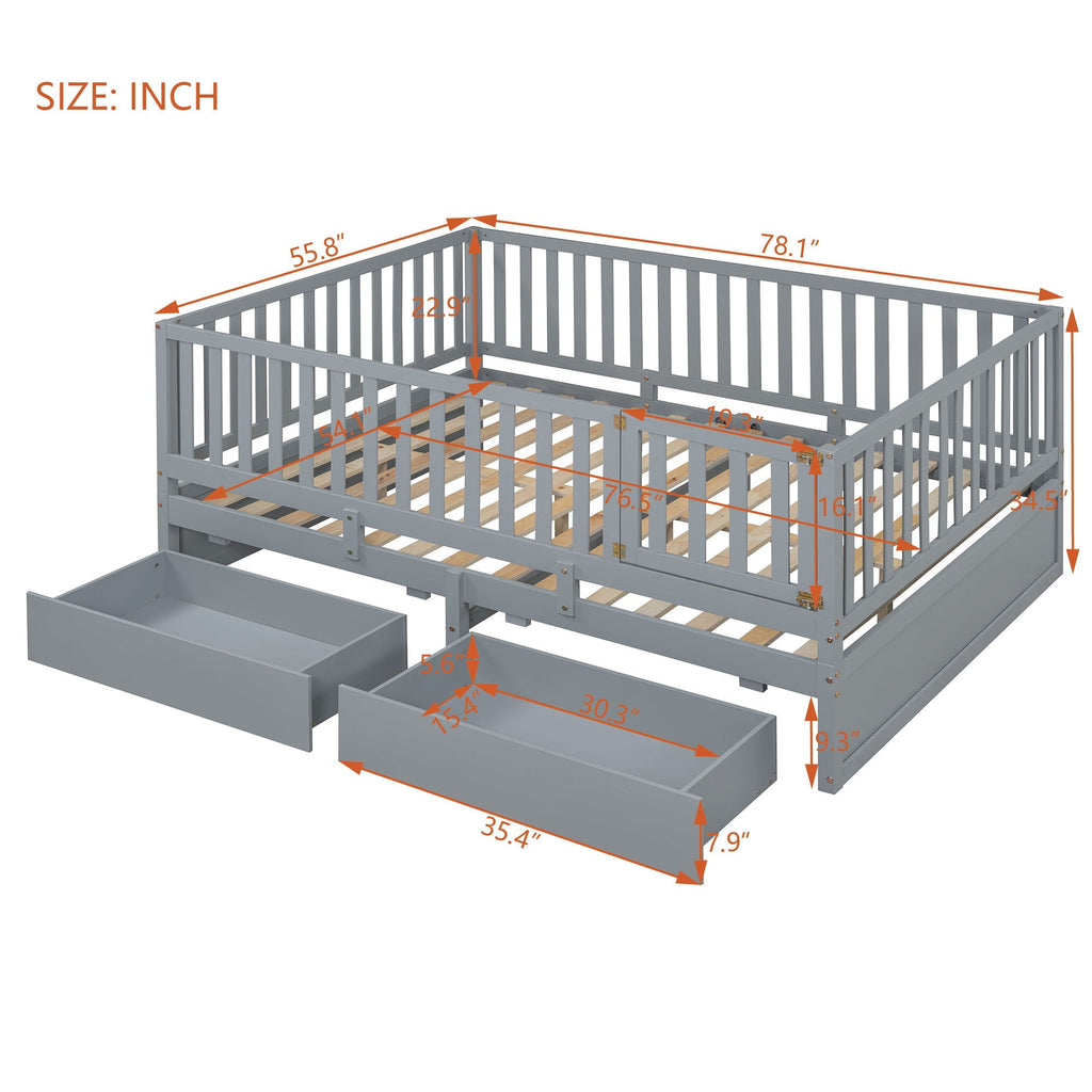 Daybed With Fence Guardrails And 2 Drawers, Split Into Independent Floor Bed & Daybed