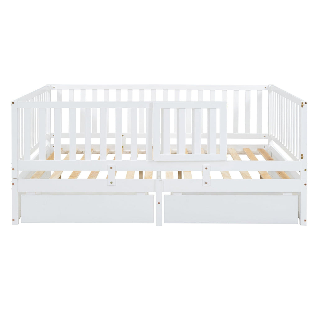 Daybed With Fence Guardrails And 2 Drawers, Split Into Independent Floor Bed & Daybed
