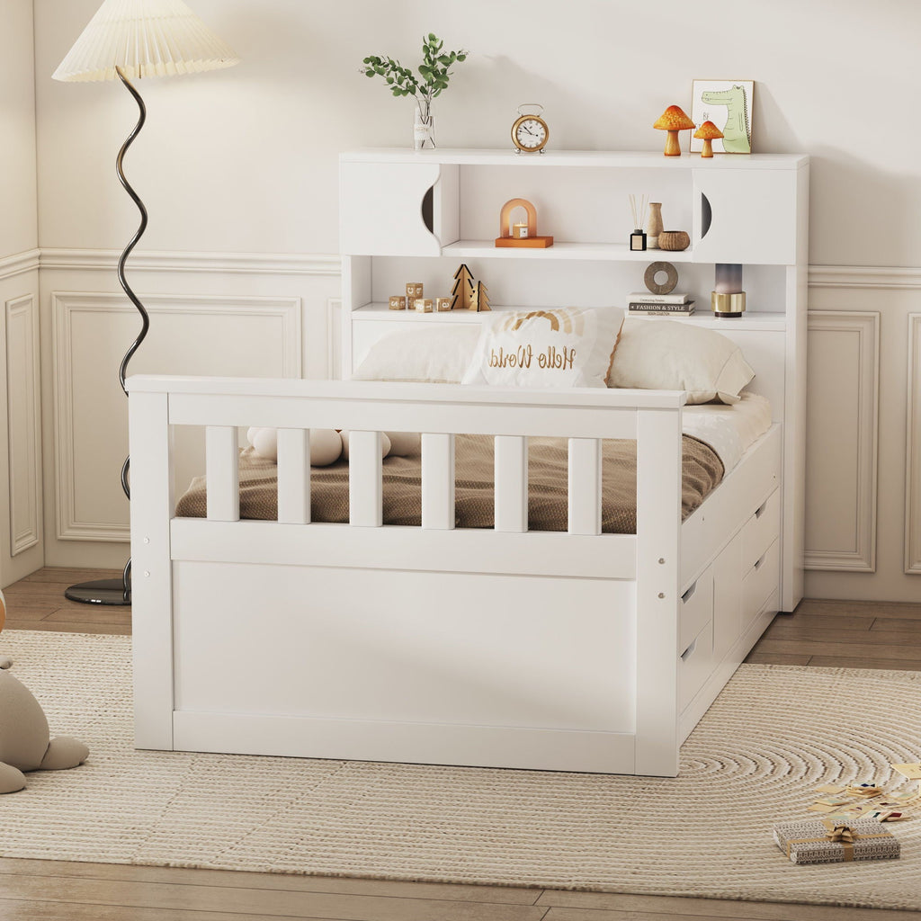 Captain Platform Bed Frame With Storage Bookcases, Shelves, And 4 Drawers