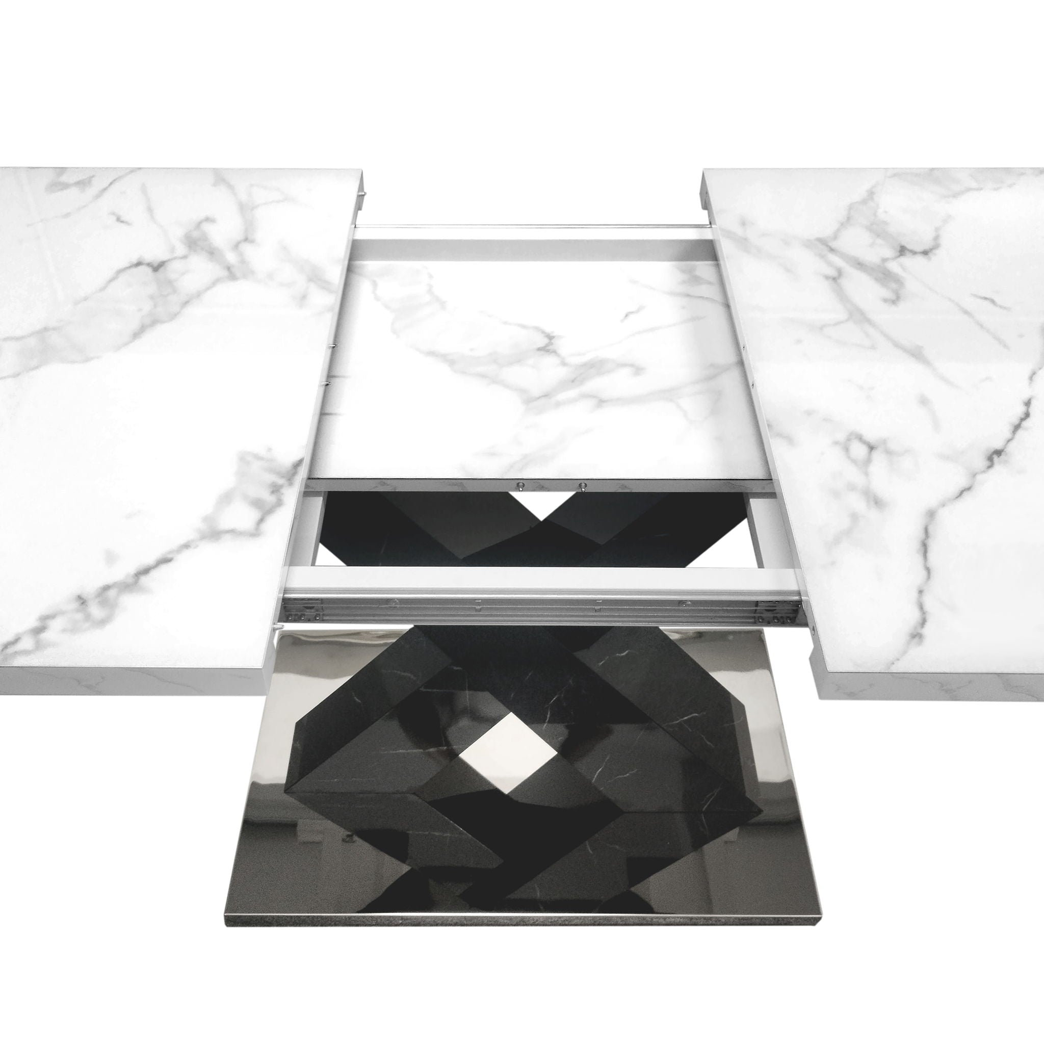 Rectangle Dining Table With Stretchable Top, X Shape Mdf Legs With Steel Base - White / Black