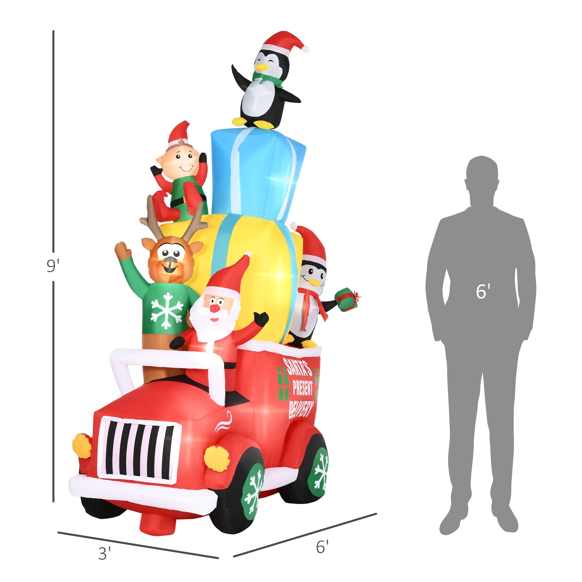 Inflatable Santa Gift Delivery Truck with Elf, Reindeer & Penguins