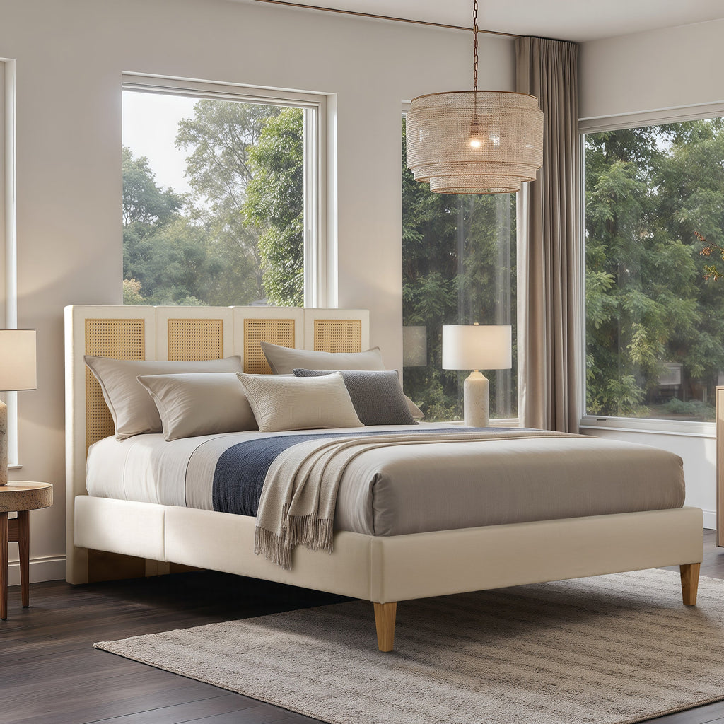 Toscana Queen Upholstered Cane Back Platform Bed