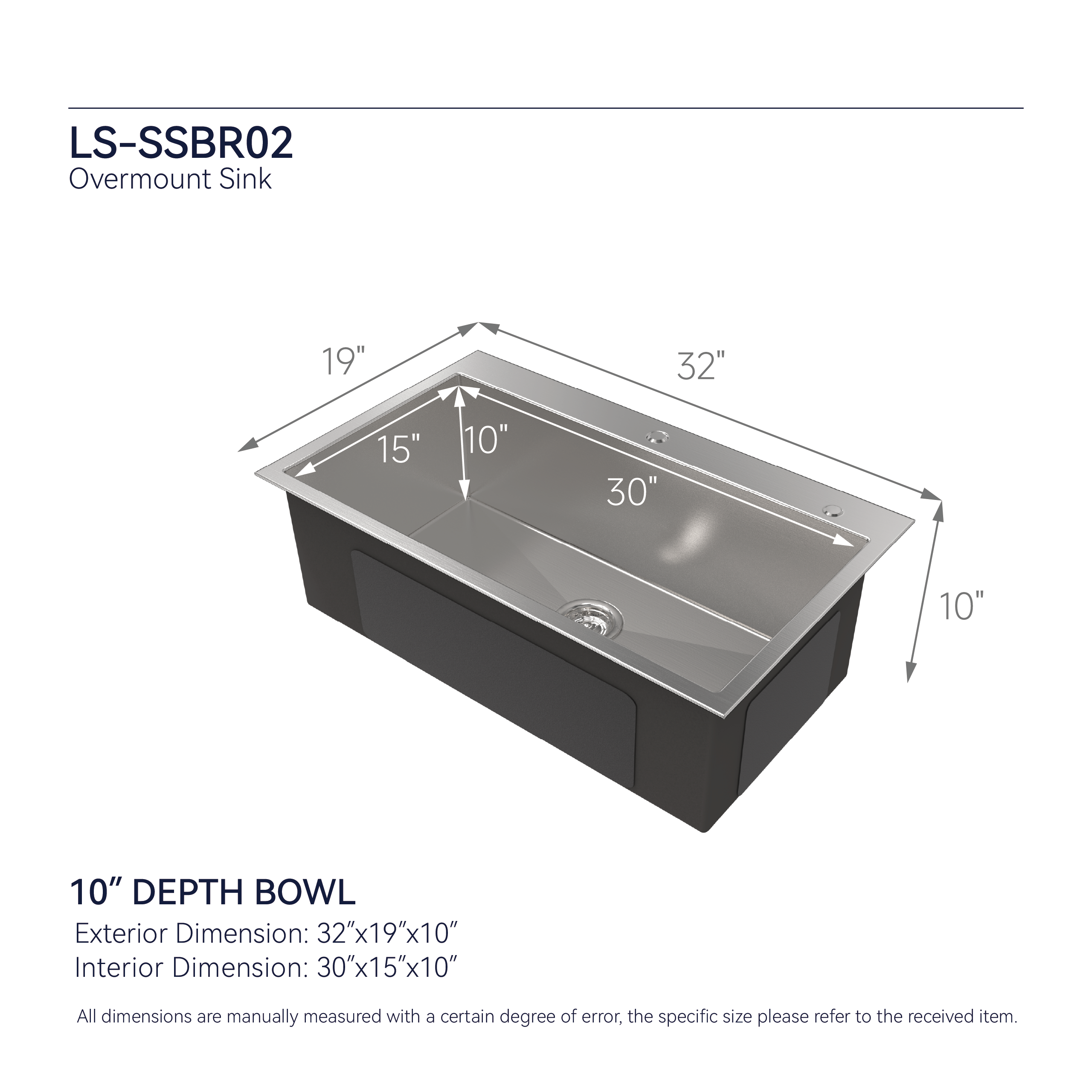 Stainless Steel Kitchen Sink, 32"x19" Single Bowl, Overmount Handmade Brushed Nickel