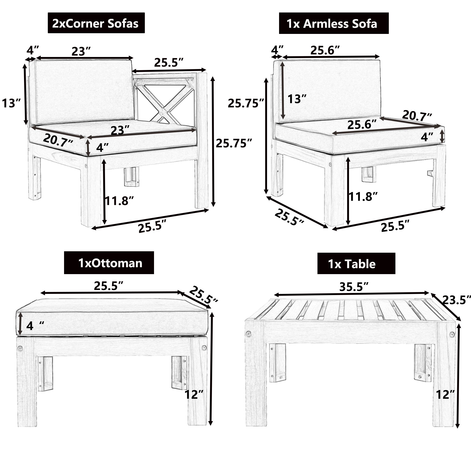 Topmax Outdoor Patio Wood 5-Piece Sectional Sofa Seating Group Set