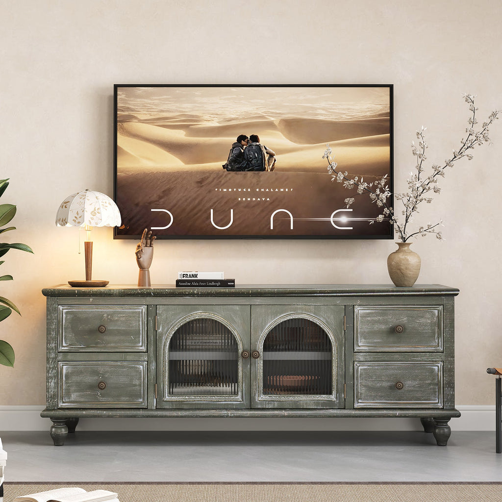 60" Farmhouse TV Stand with 4 Drawers & Glass Doors