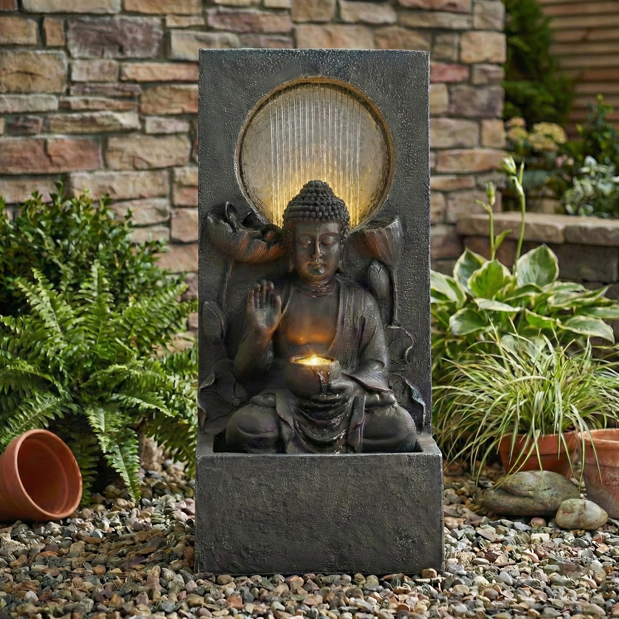 28" H Outdoor Buddha Waterfall Fountain