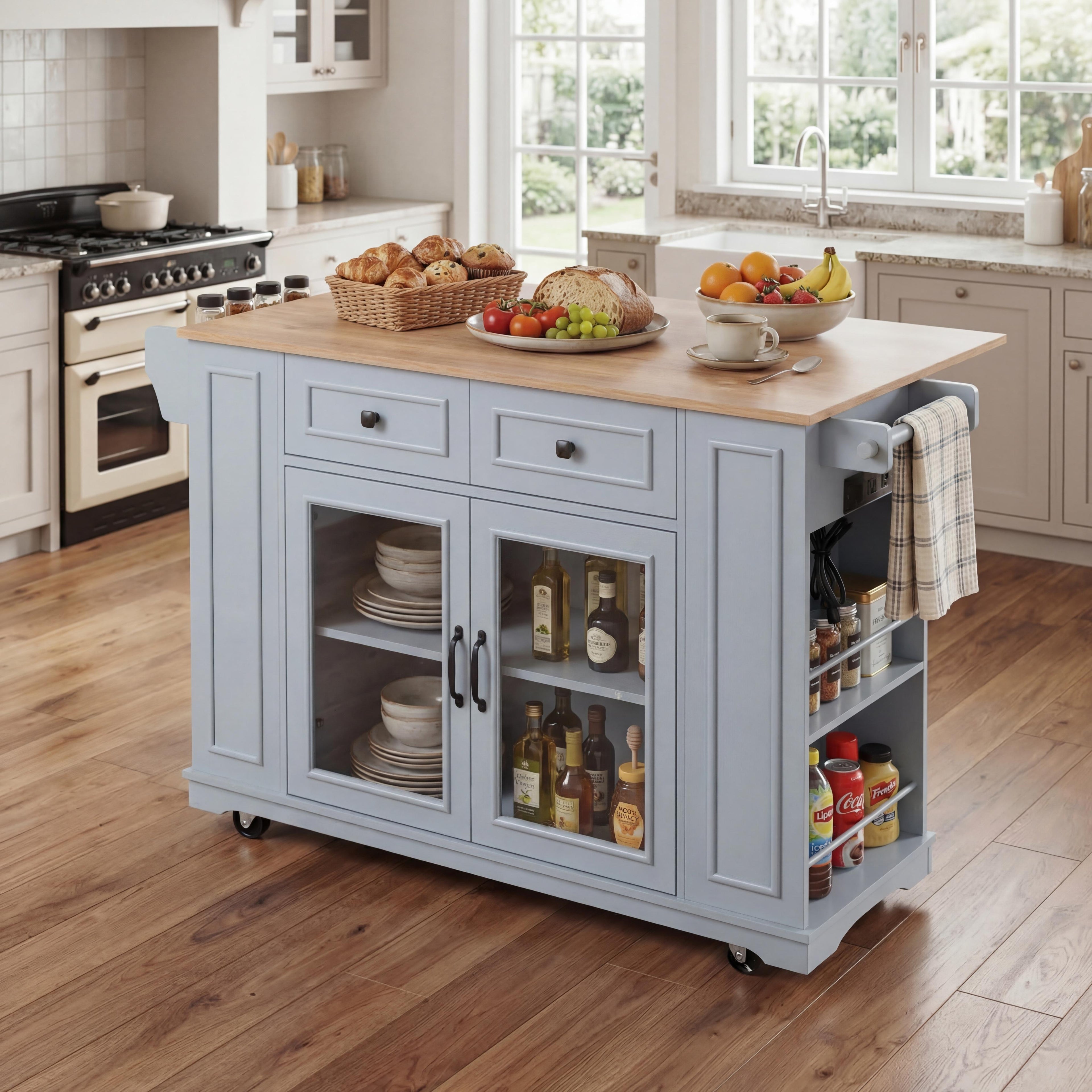 54" Mobile Kitchen Island with Glass Door Storage, Power Outlet & Rolling Cart