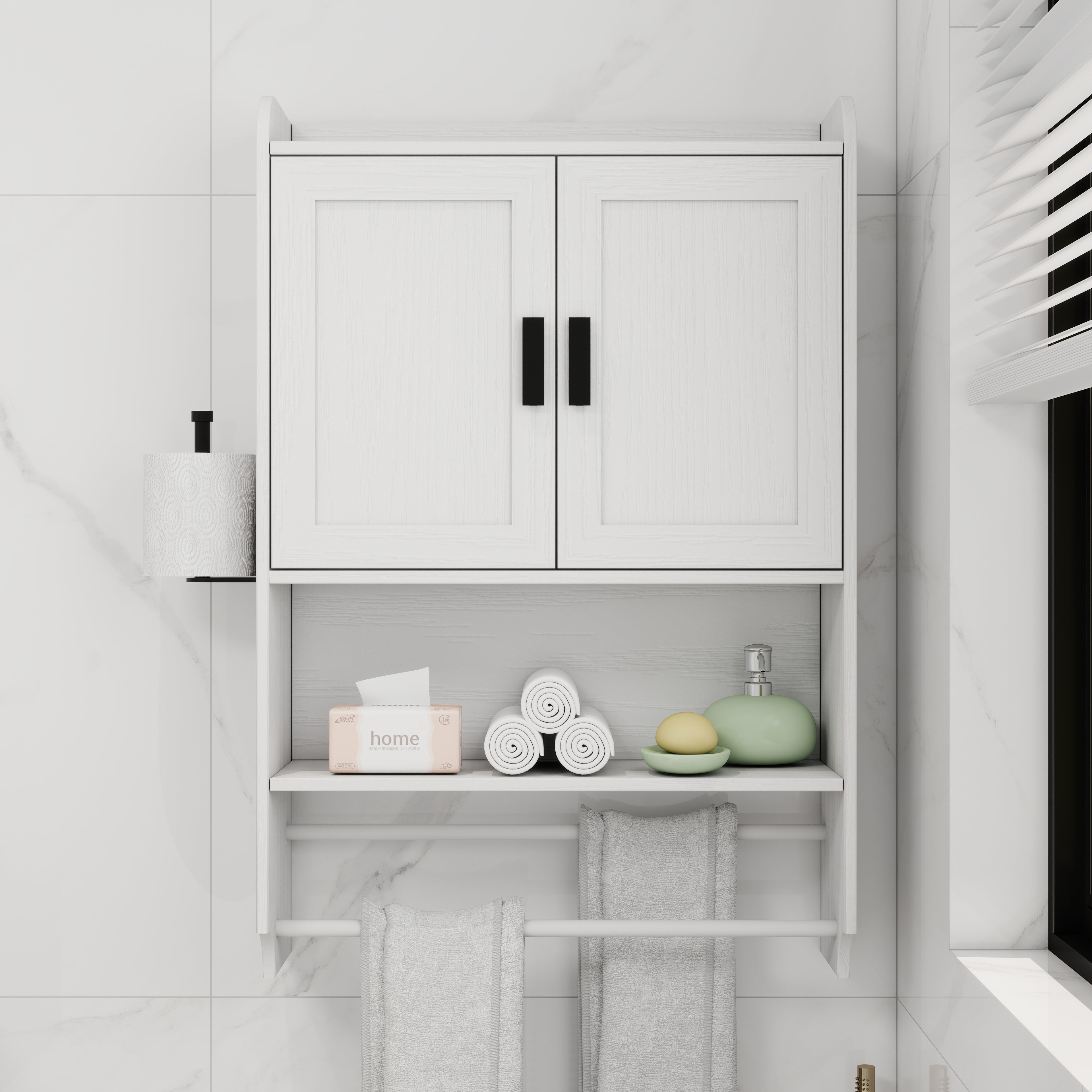 Bathroom Wall Cabinet with Doors, Adjustable Shelf, Towel Bar, and Paper Holder