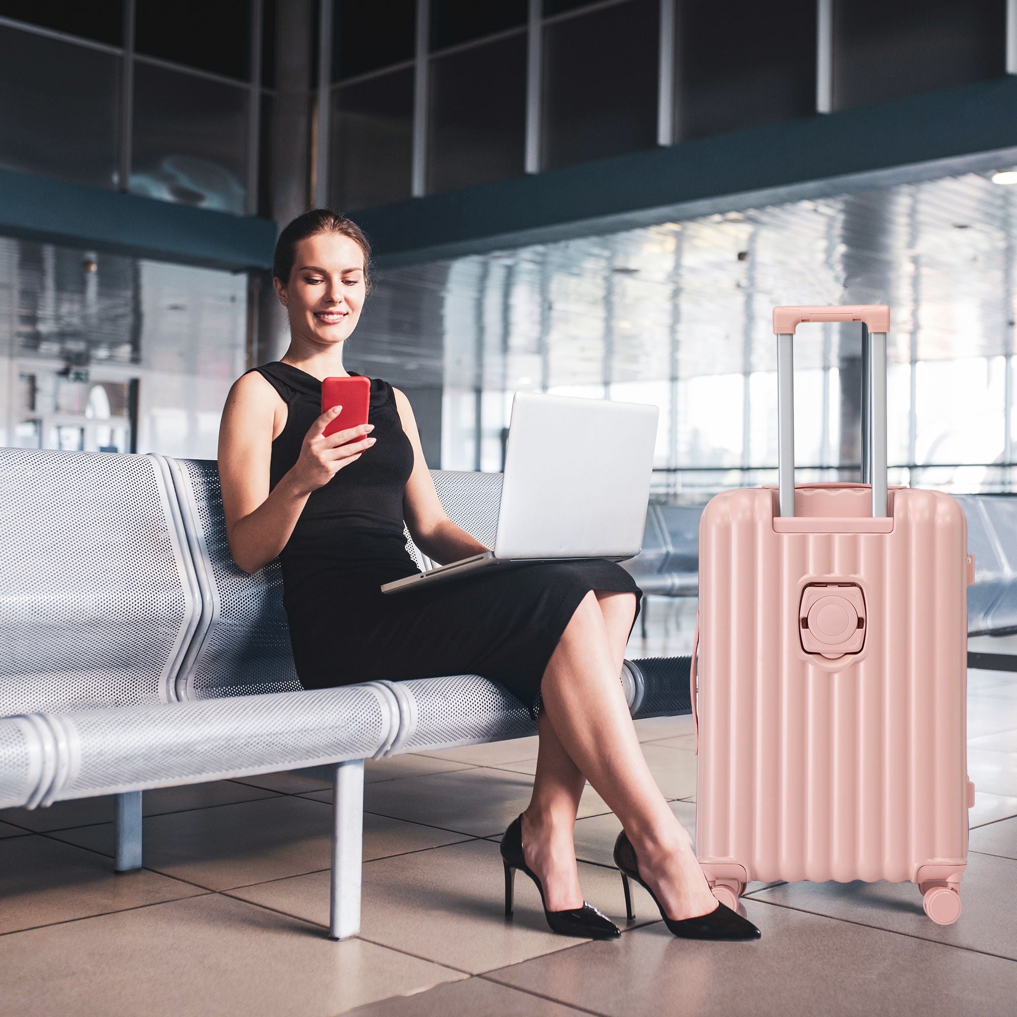 20" / 24" / 28" 3 Pieces / Set Spinner Wheel Luggage, Carry On Suitcase, With Cup Holder & USB Port & Phone Holder
