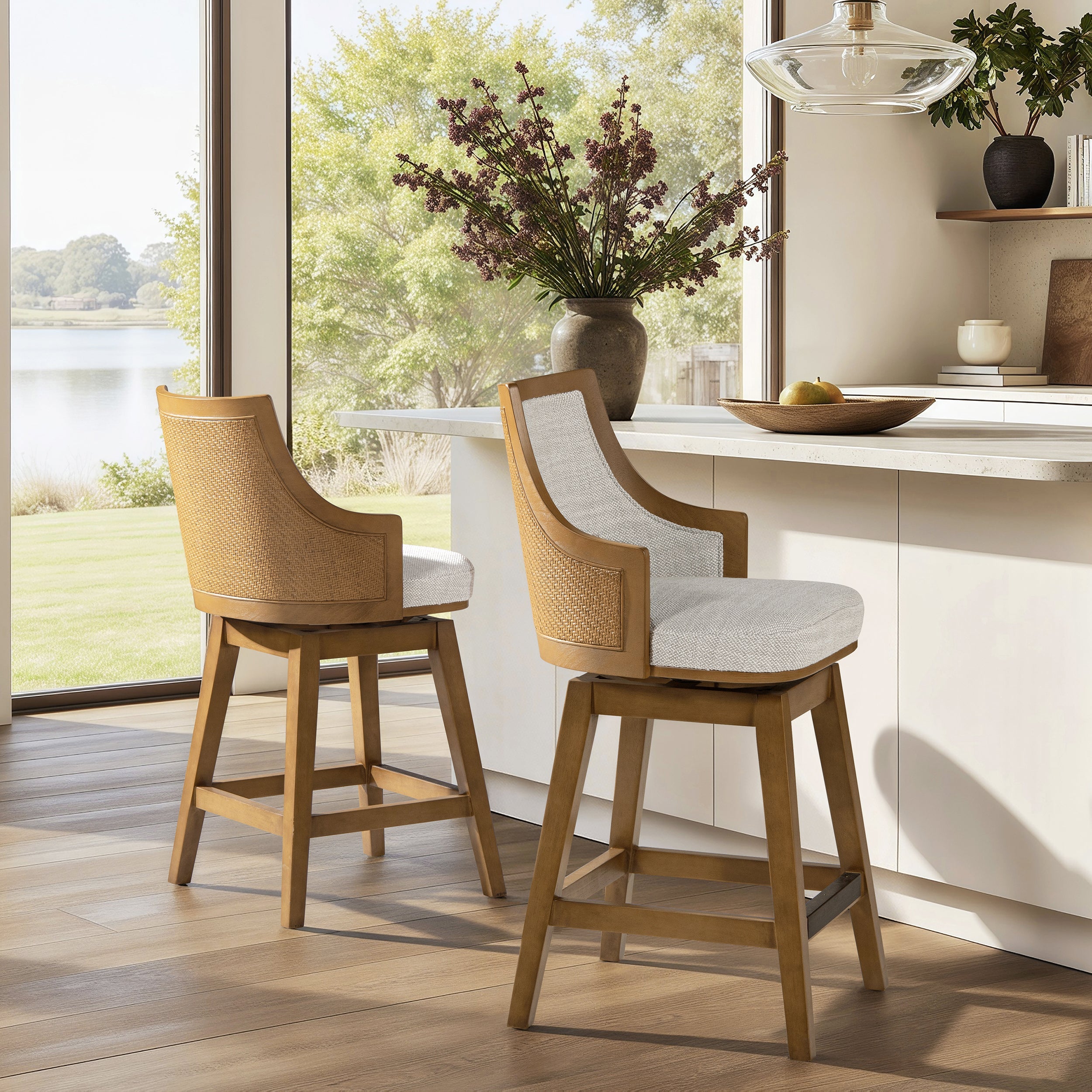 Bahama 26" Cane Rattan High-Back Swivel Counter Stool with Recessed Arms