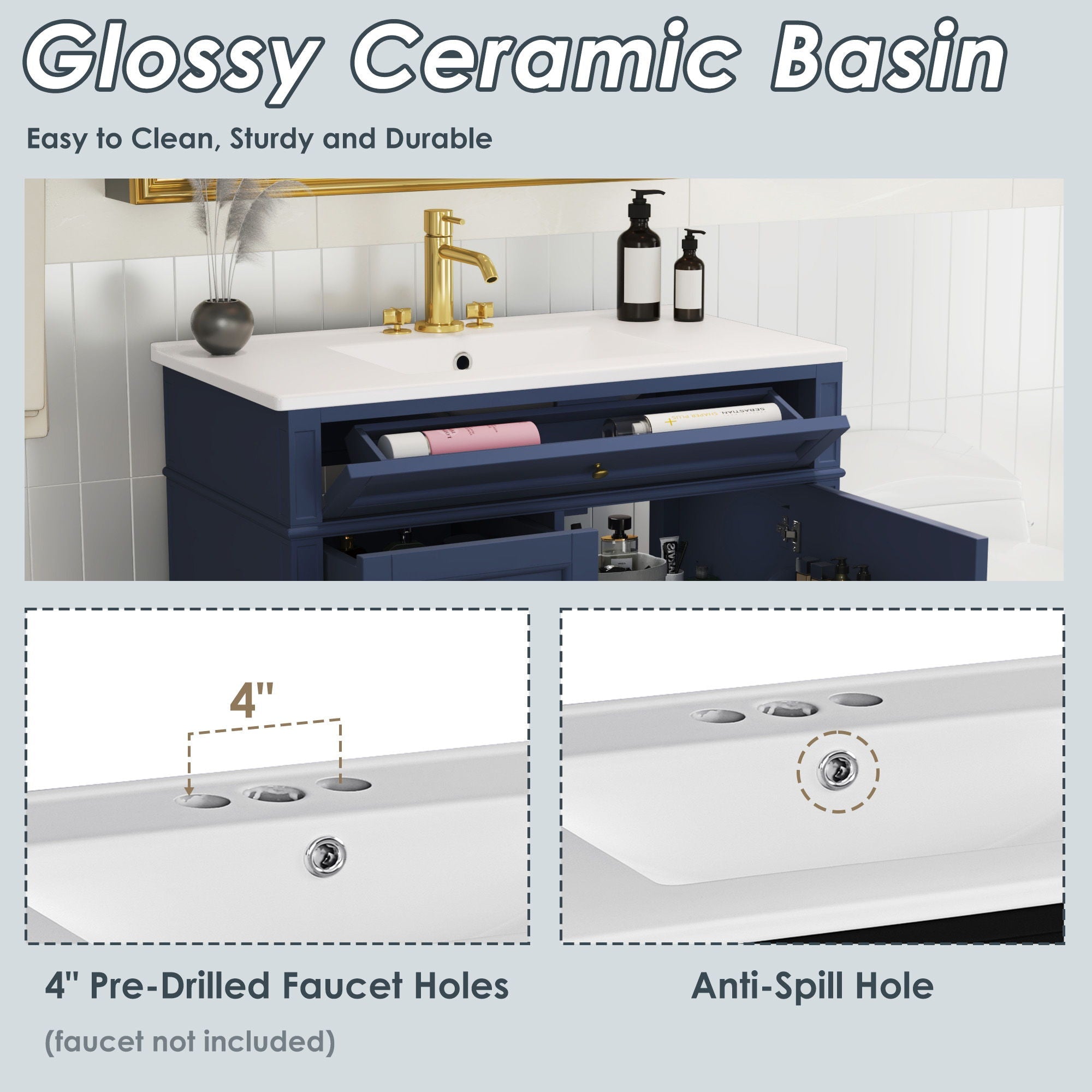 Bathroom Vanity With Top Sink, Modern Bathroom Storage Cabinet, 2 Drawers And A Tip-Out Drawer, Single Sink Bathroom Vanity - Blue