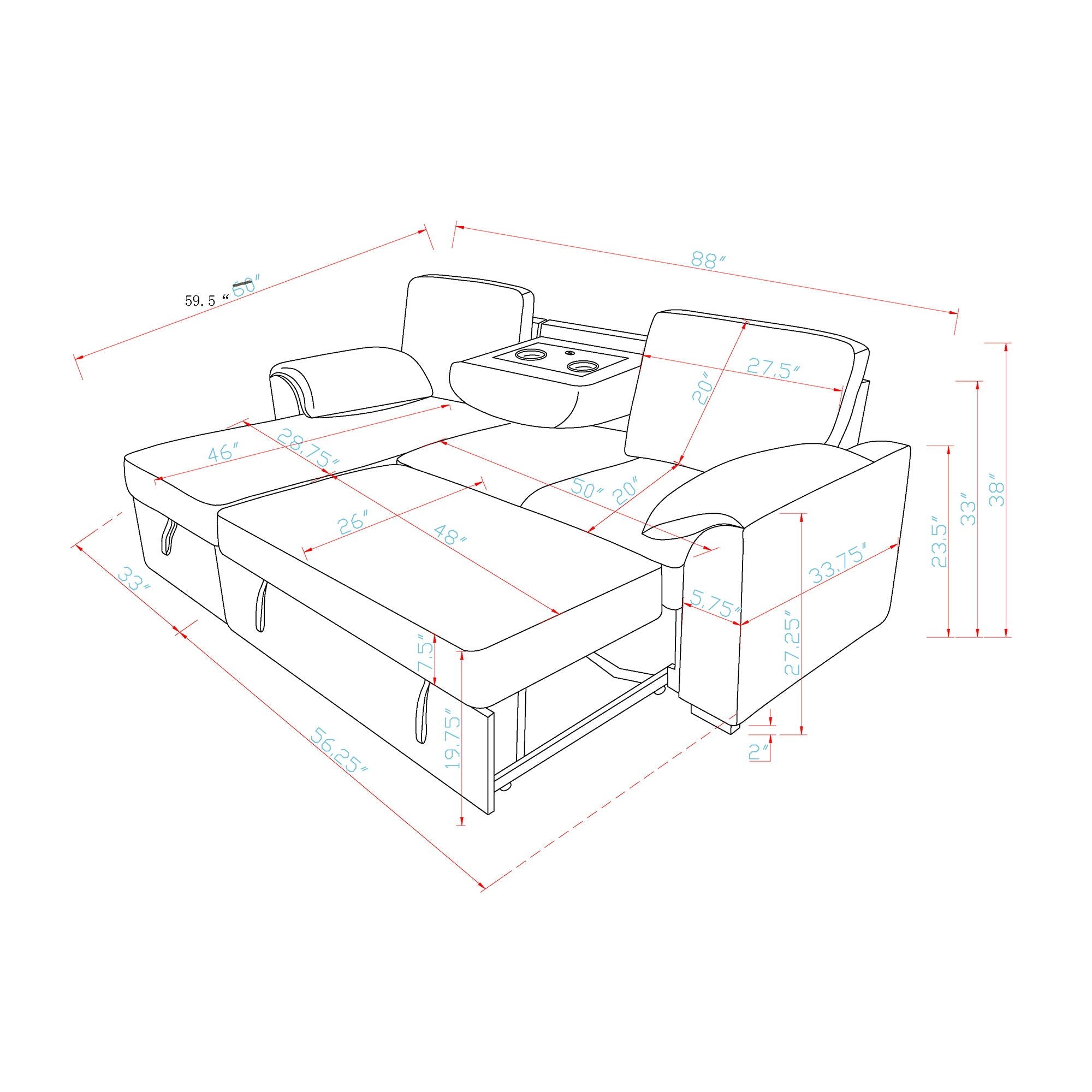 Rebecca - Sofa With Pull Out Bed, Storage Chaise, USB And Cup Holders - Dark Gray