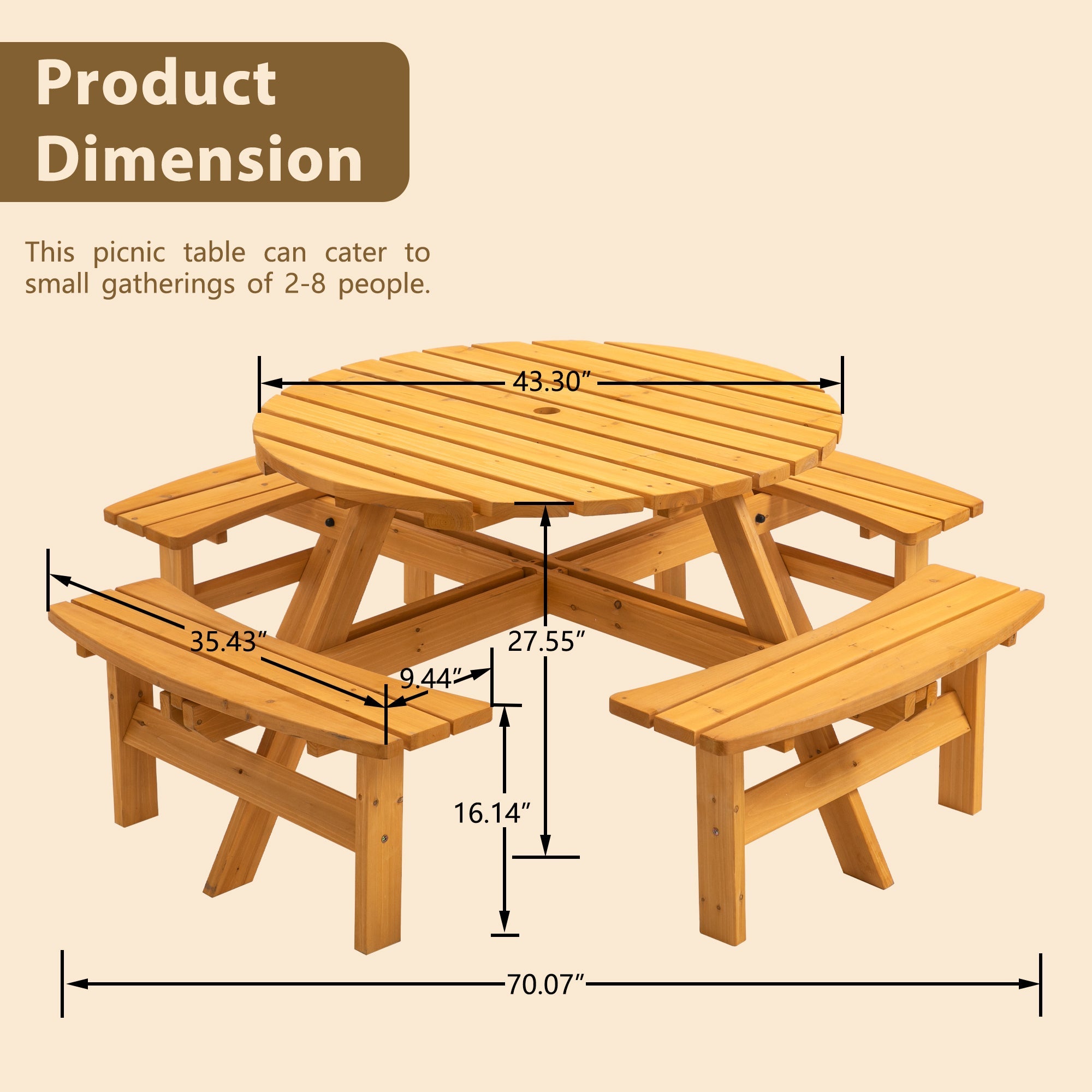 8 Person Wooden Picnic Table with Built-in Benches