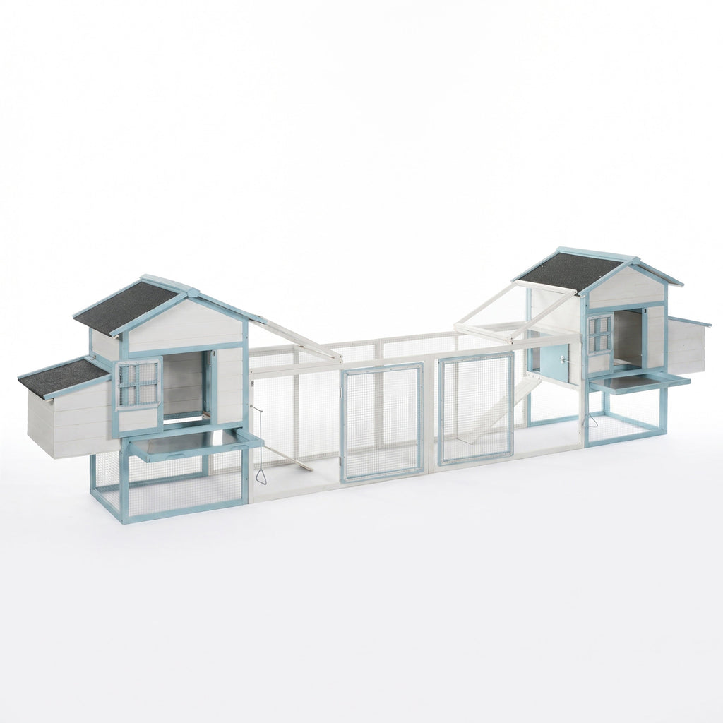 Large Wooden Chicken Coop with Double Nesting Boxes, Outdoor Walk-In Chicken Run with Waterproof Asphalt Roof, Fir Wood Poultry Cage with Pull-Out Dropping Trays