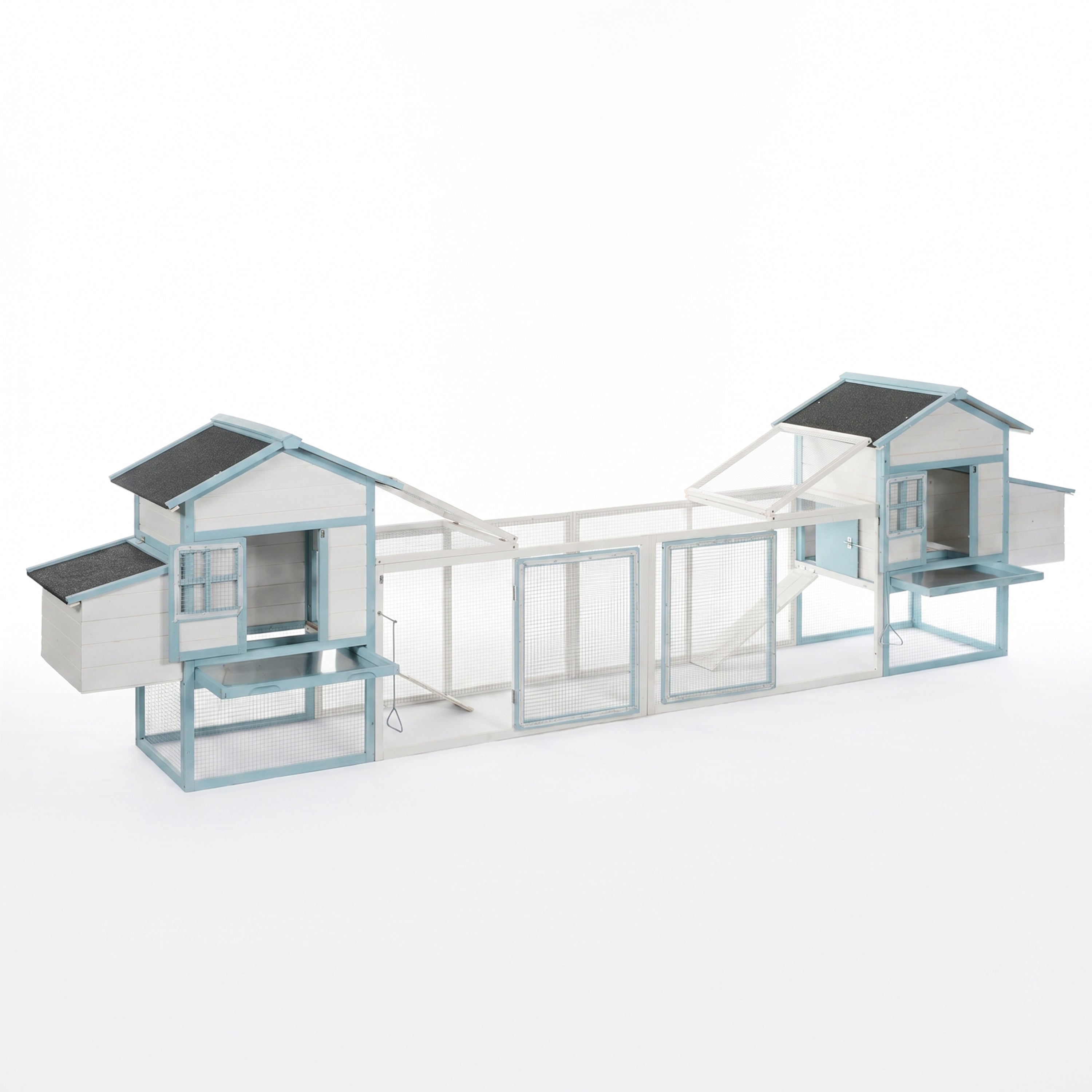 Large Wooden Chicken Coop with Double Nesting Boxes, Outdoor Walk-In Chicken Run with Waterproof Asphalt Roof, Fir Wood Poultry Cage with Pull-Out Dropping Trays