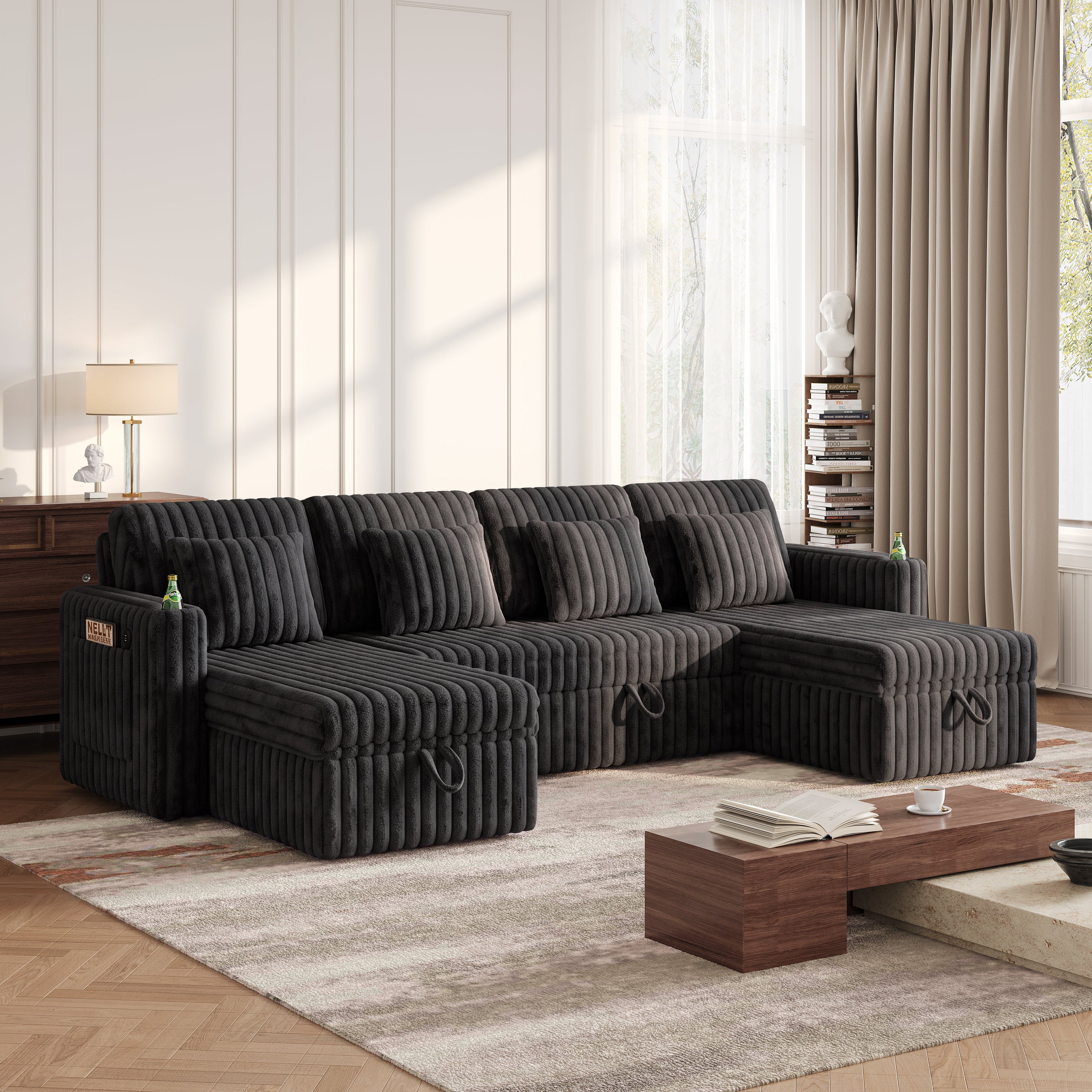 U Shaped Plush Corduroy Fluffy Sectional Sleeper Sofa