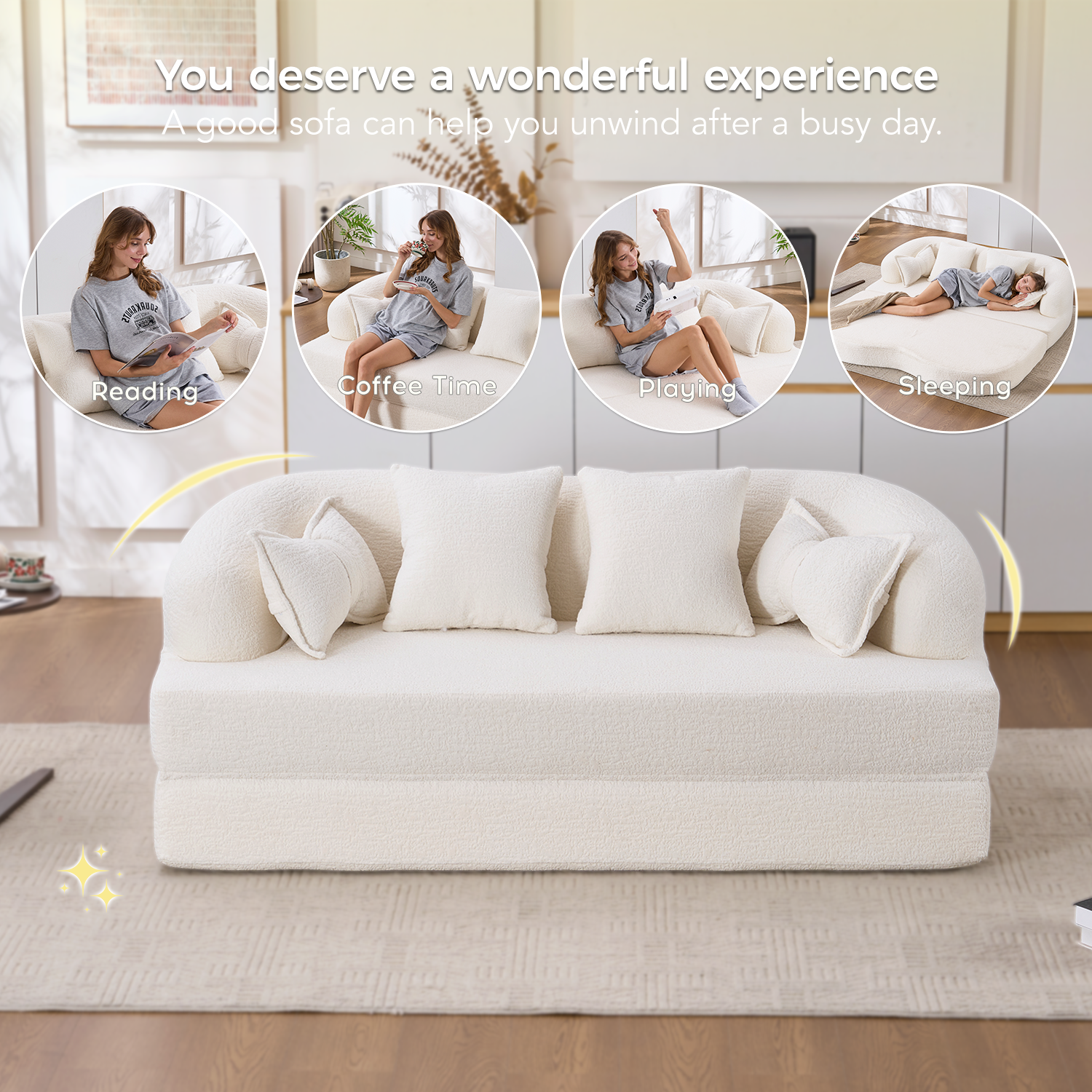 2-in-1 Foldable Sofa Bed with 4 Pillows