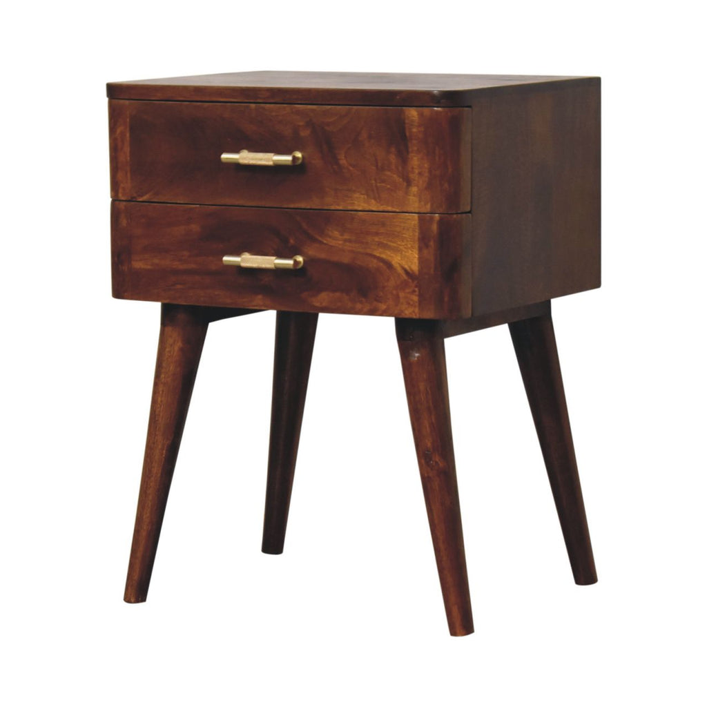 Solid Wood Chestnut T-Bar Nightstand, 2-Drawers, Nordic Legs