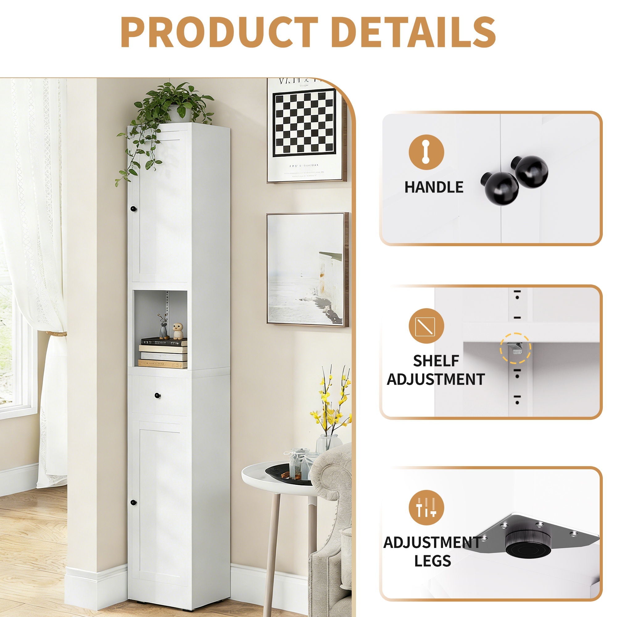 Tall Bathroom Storage Cabinet, 5-Tier Narrow With 2 Doors & Adjustable Shelves, Freestanding - White