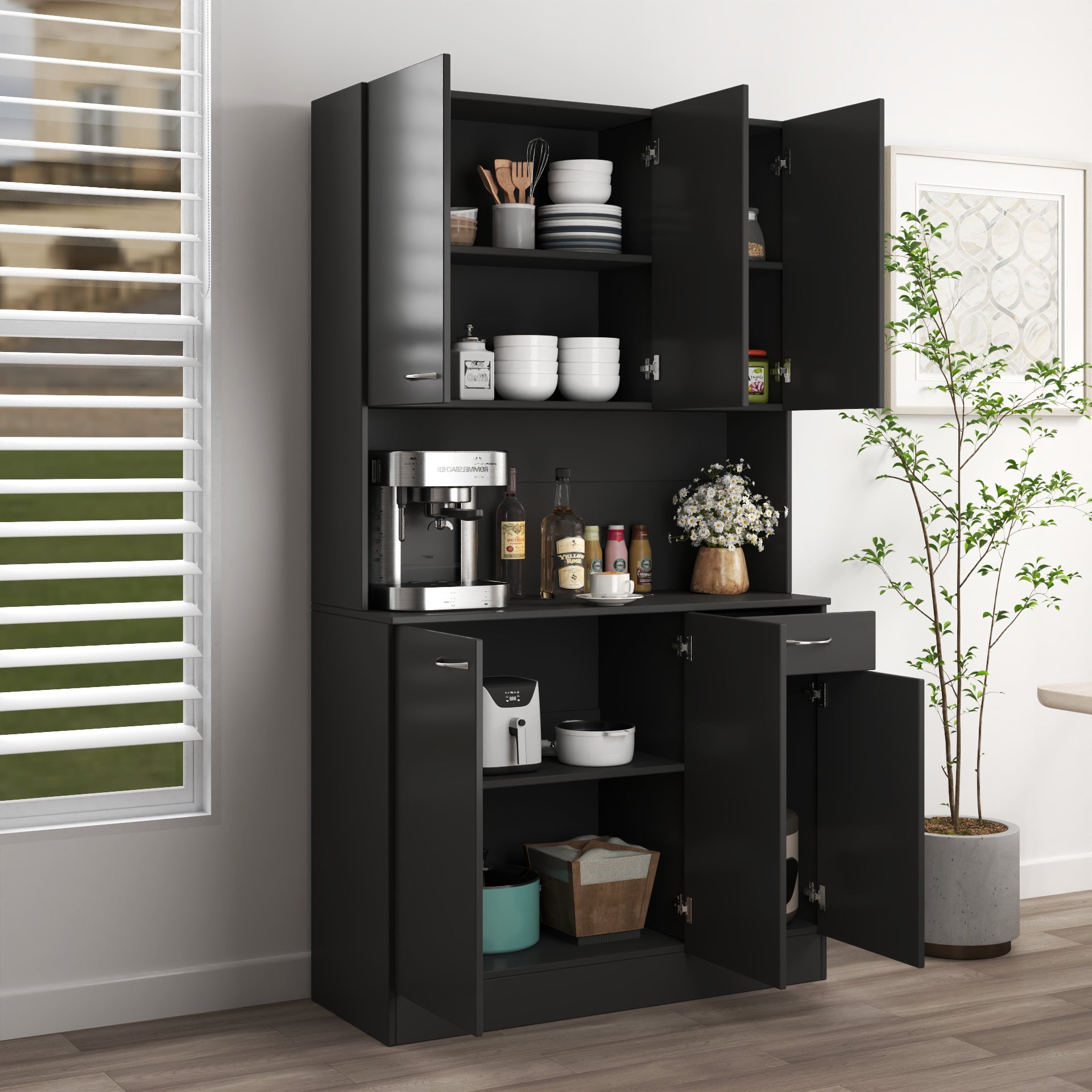 70.87" Tall Wardrobe & Kitchen Cabinet with 6 Doors, Drawer, and Open Shelf