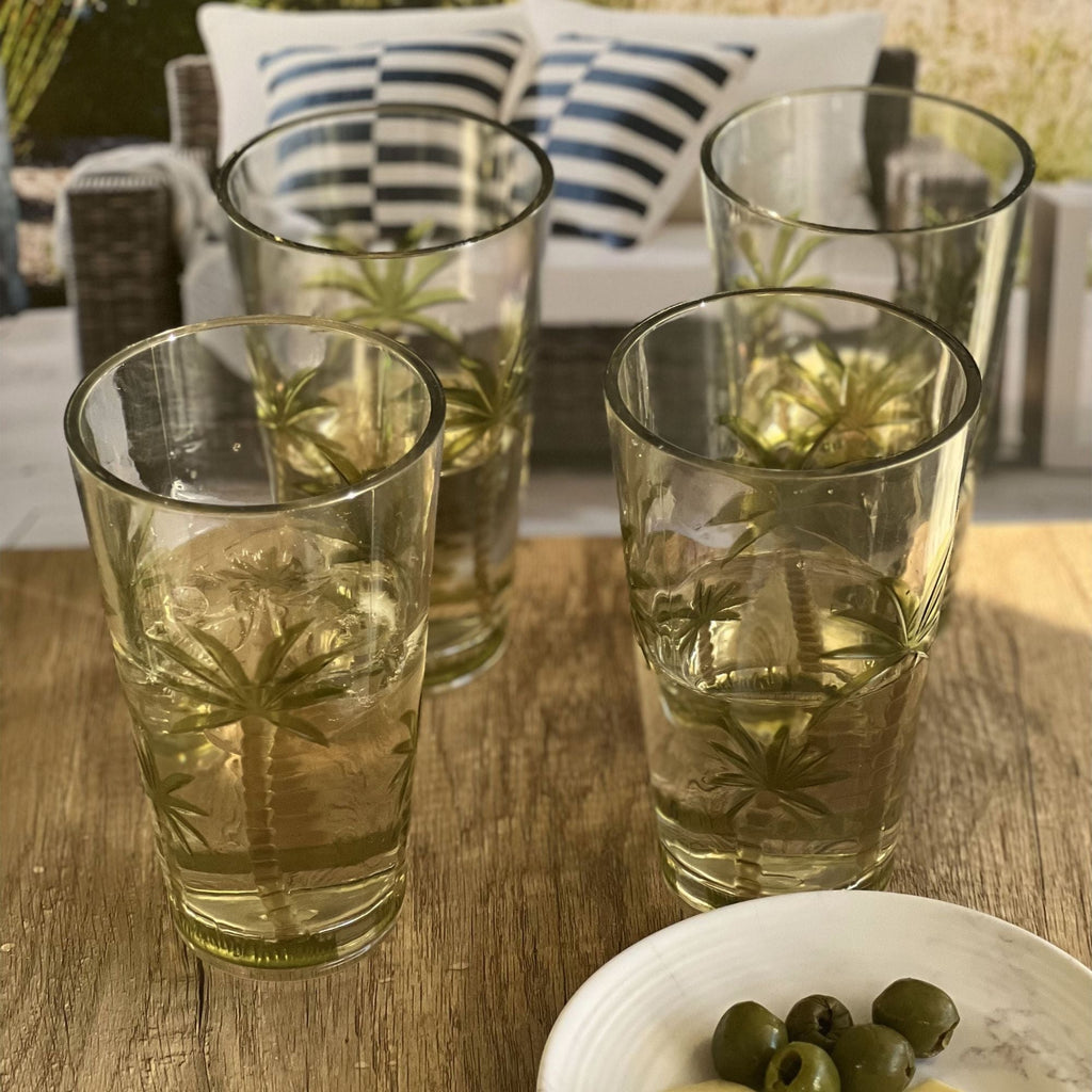 Palm Tree Design Acrylic Hi Ball Glasses Plastic, Bpa Free (Set of 4), 20Oz - Clear