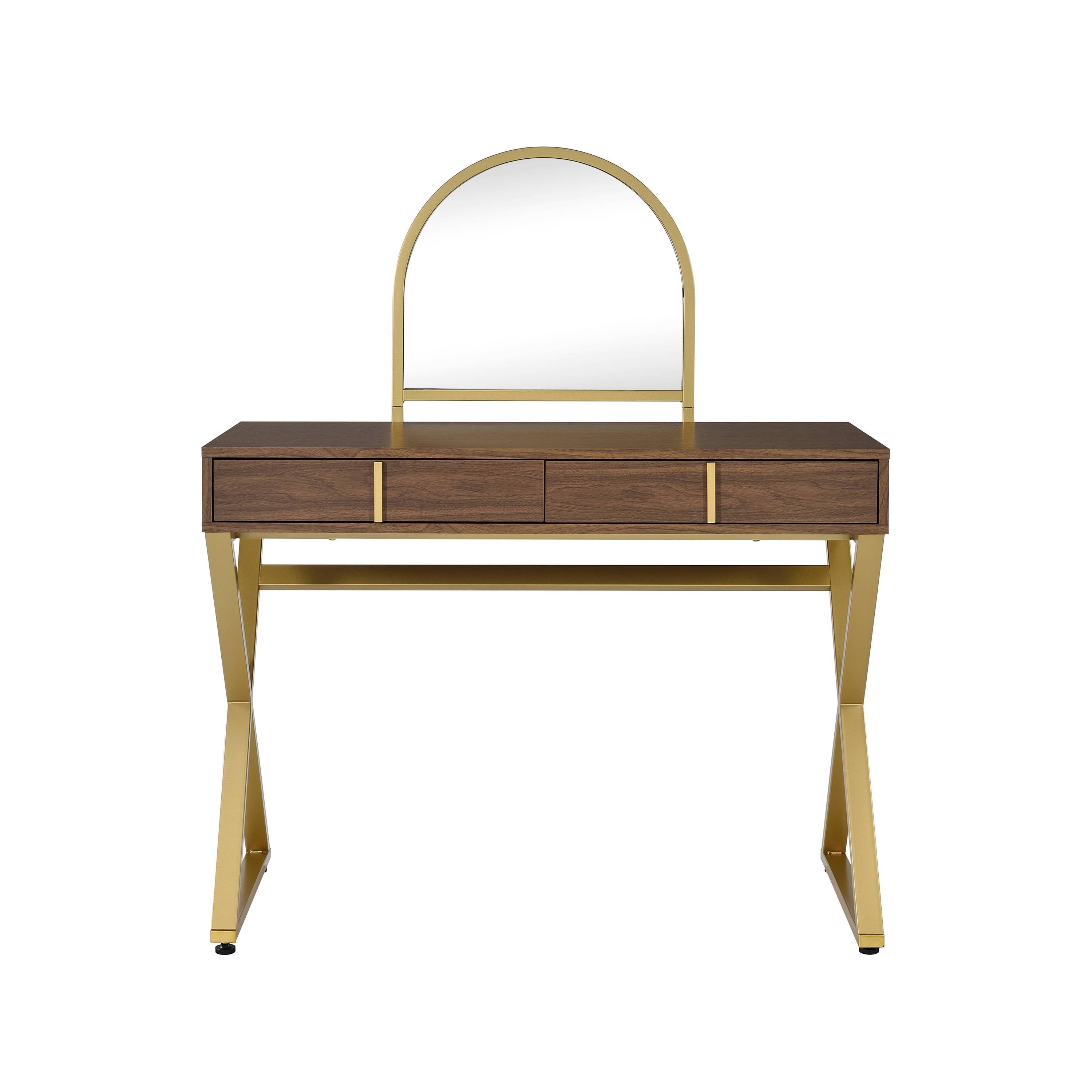 Coleen Walnut & Gold Finish Vanity Desk with Mirror & Jewelry Tray