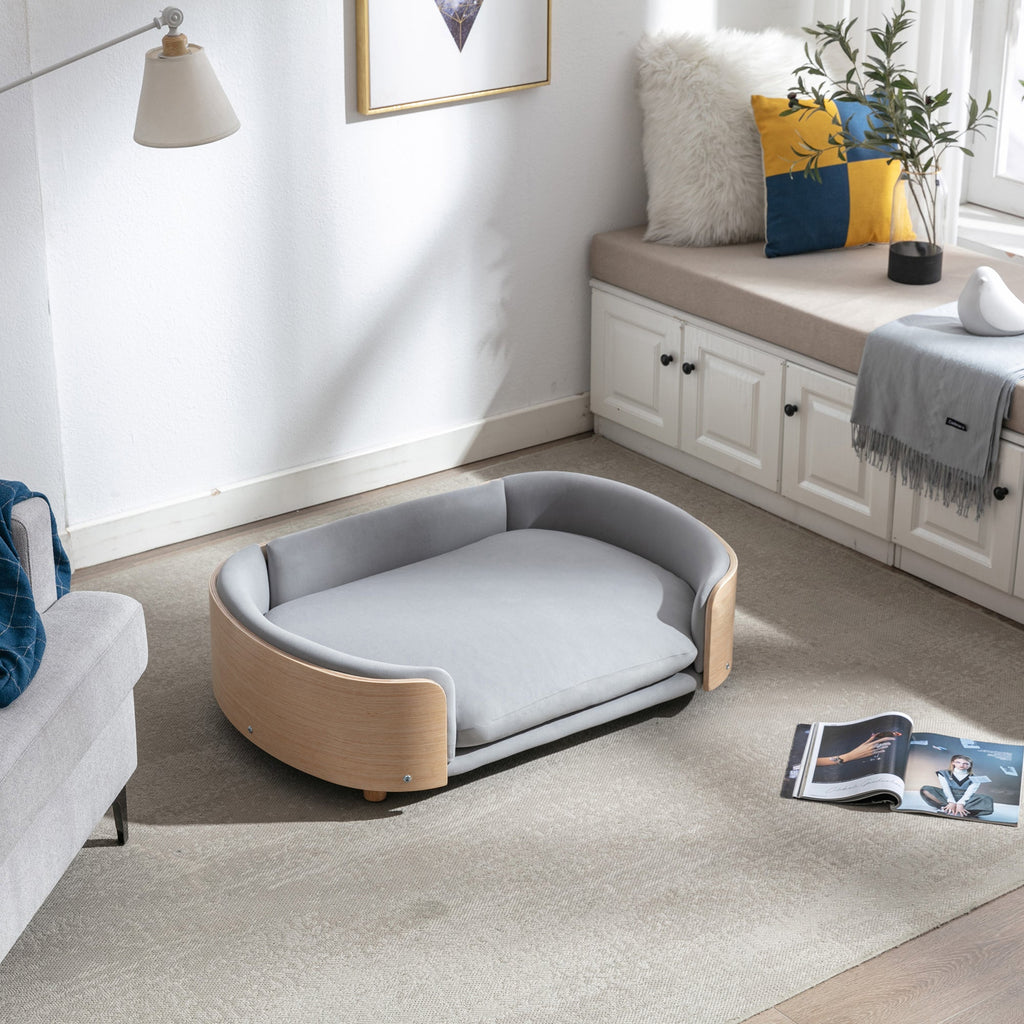 Scandinavian Style Elevated Dog Bed with Solid Wood Legs and Velvet Cushion
