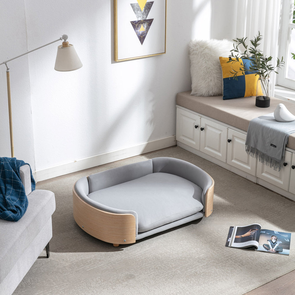 Scandinavian Style Elevated Dog Bed with Solid Wood Legs and Velvet Cushion