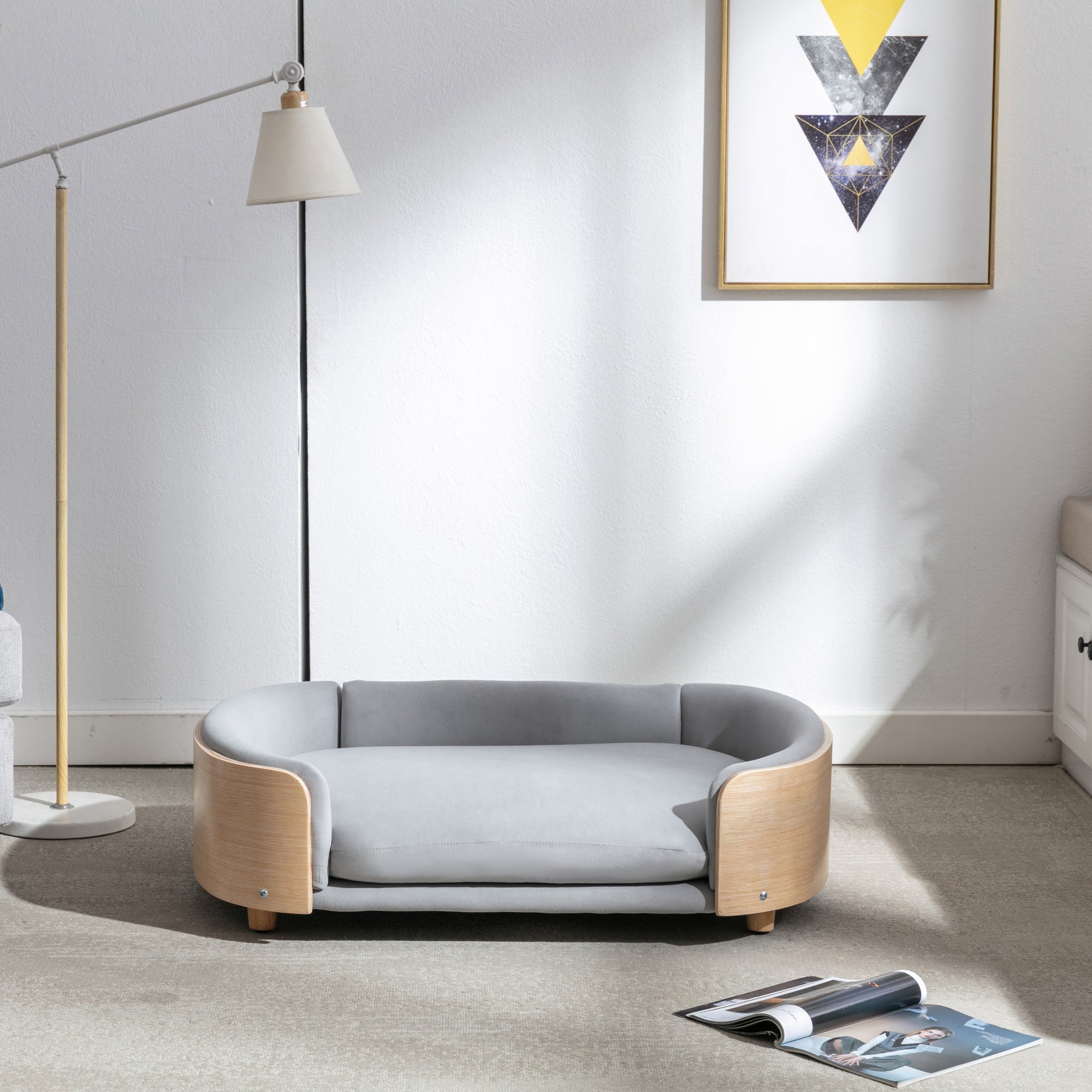 Scandinavian Style Elevated Dog Bed with Solid Wood Legs and Velvet Cushion