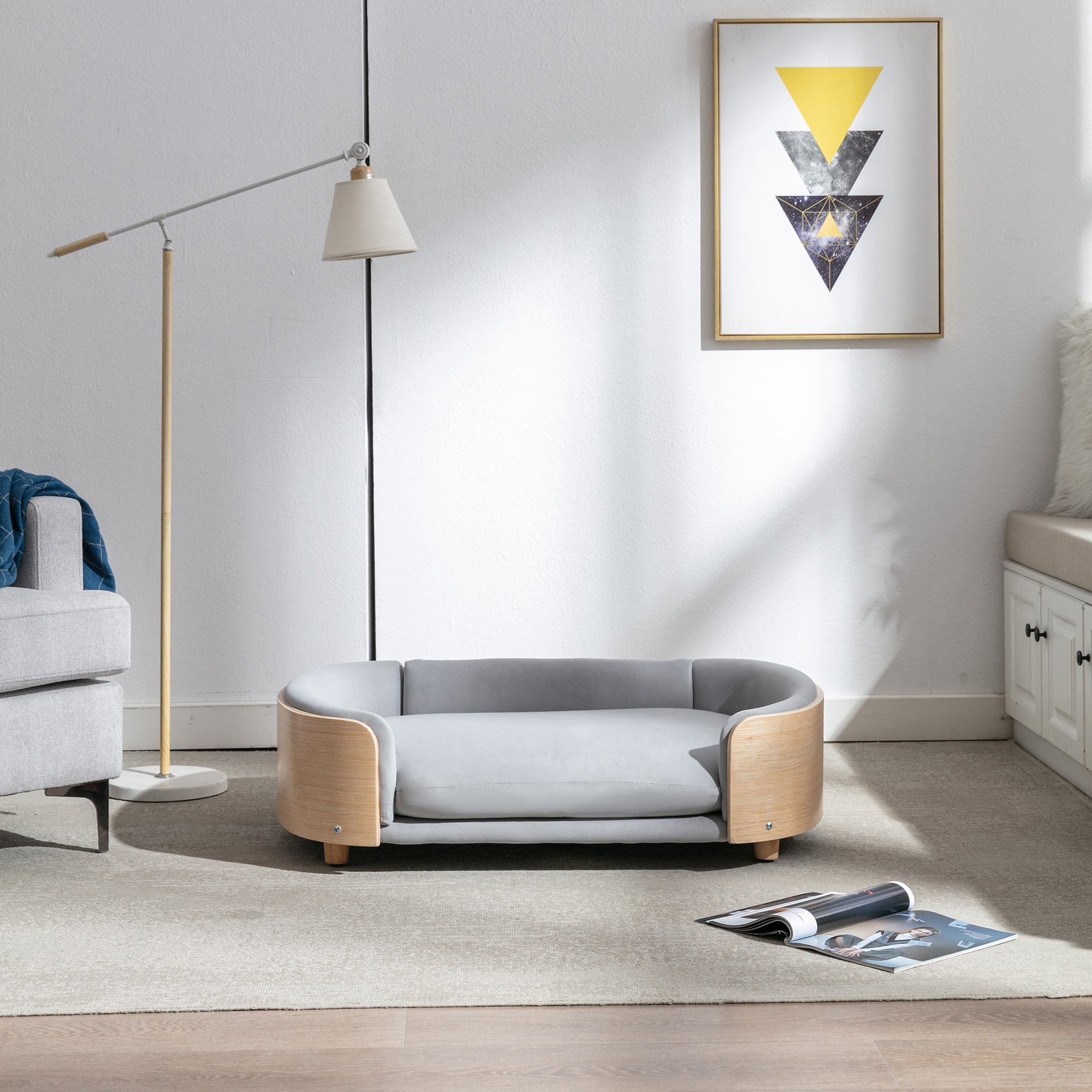 Scandinavian Style Elevated Dog Bed with Solid Wood Legs and Velvet Cushion