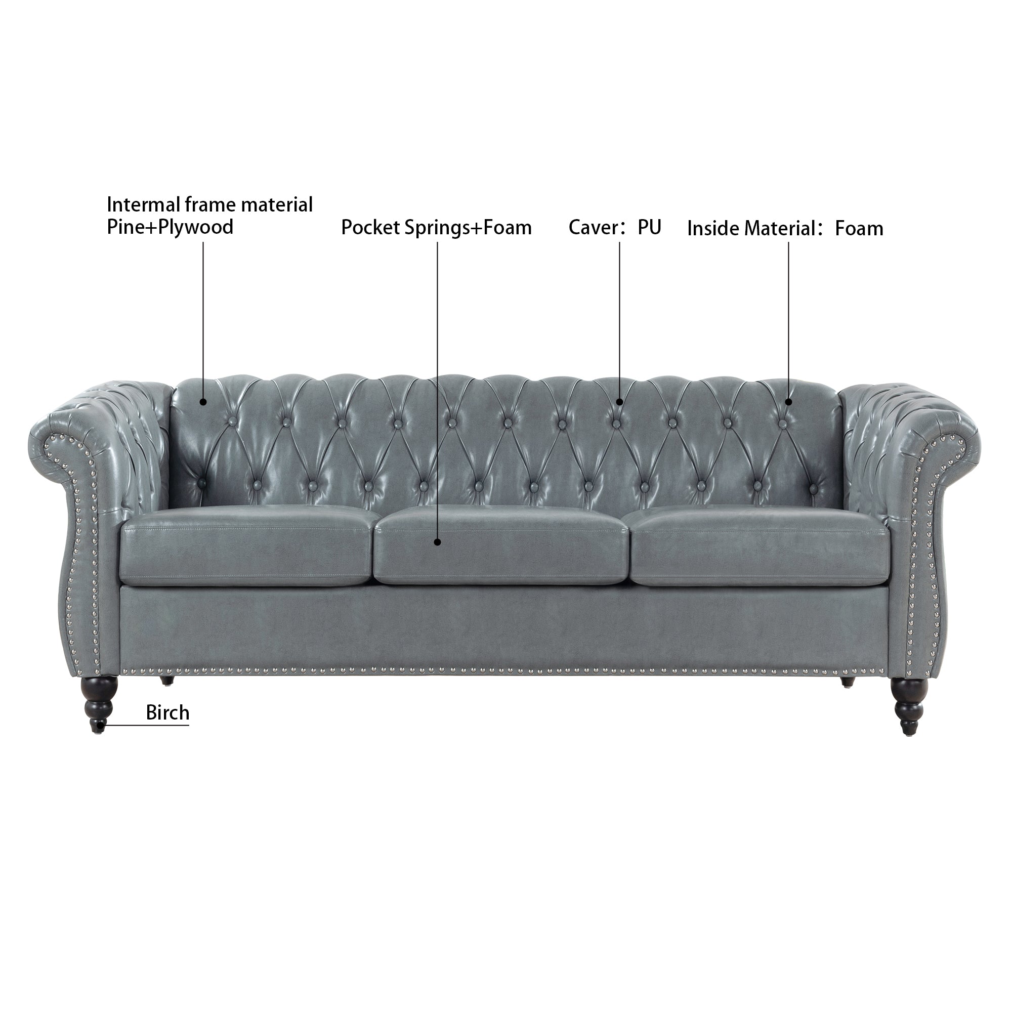 Rolled Arm Chesterfield 3 Seater Sofa