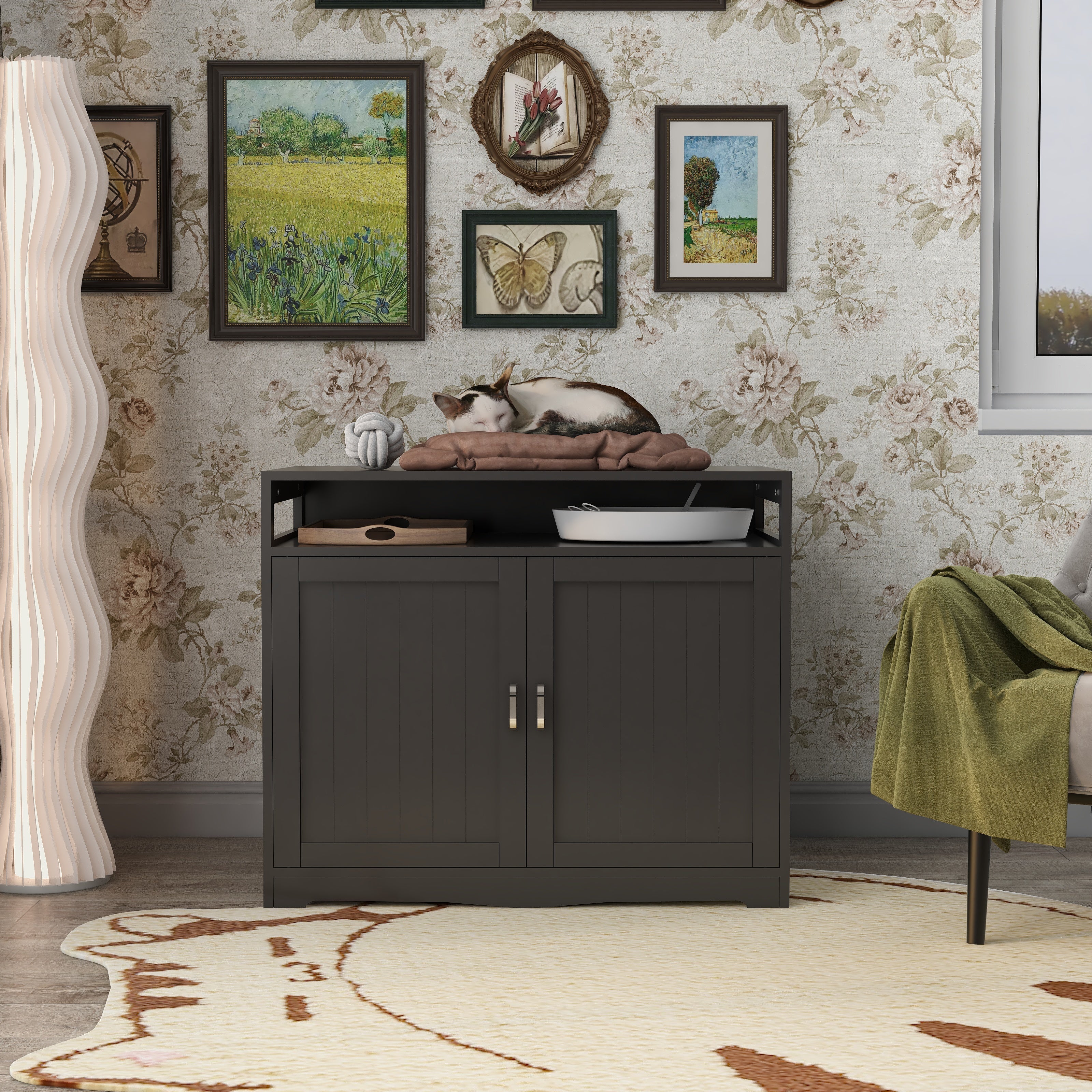 Litter Box Enclosure - Cat Litter Box Furniture with Hidden Plug