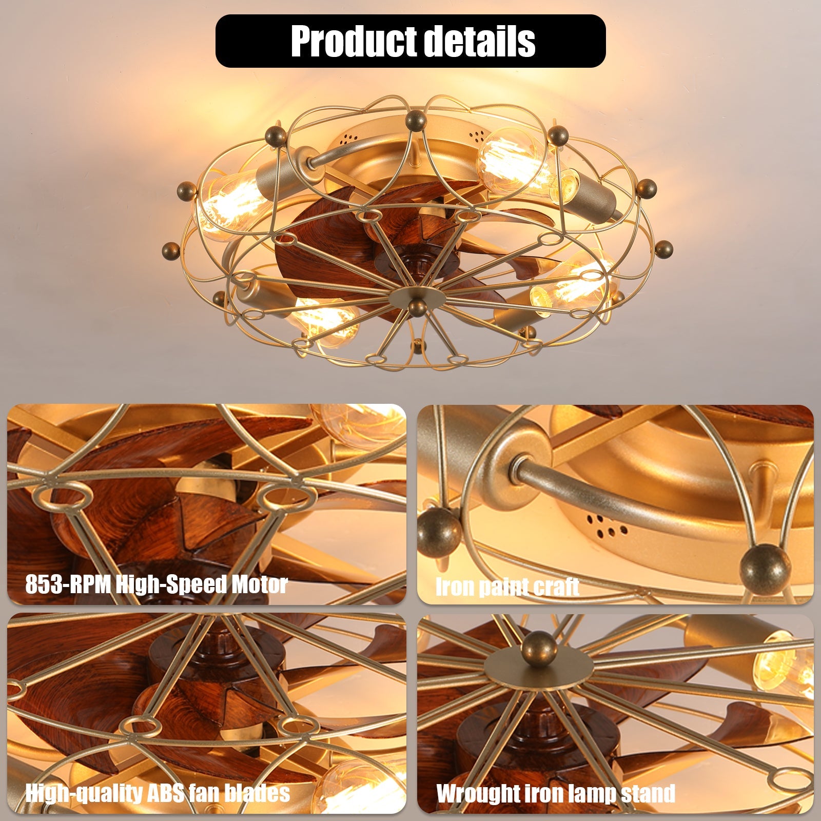 Low Profile Caged Ceiling Fan with Lights Remote Control