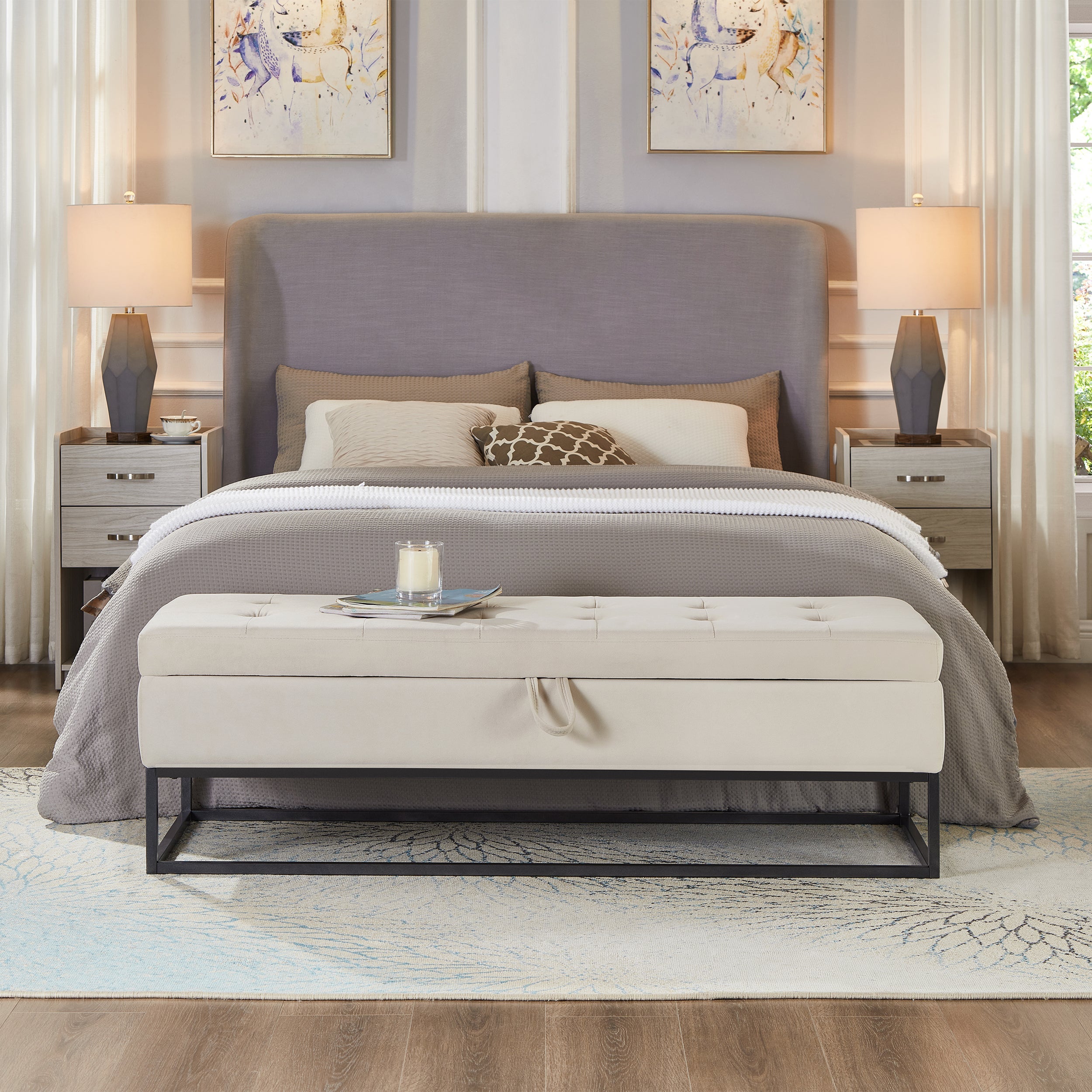 58.6" Bed Bench with Metal Base and Storage