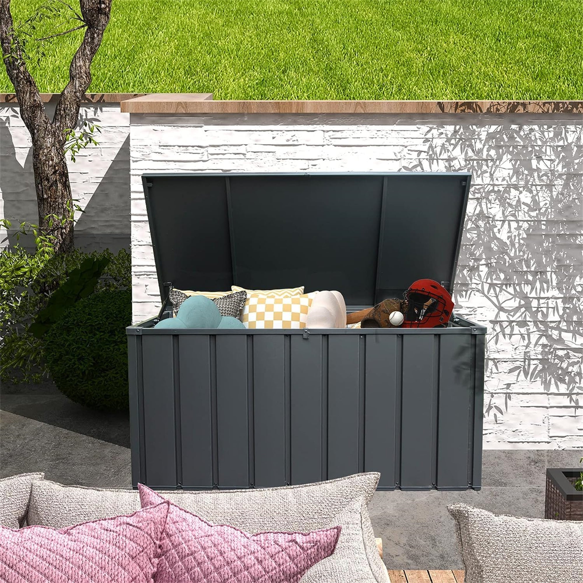 100 Gallon Outdoor Storage Deck Box - Waterproof, Lockable, Dark Gray