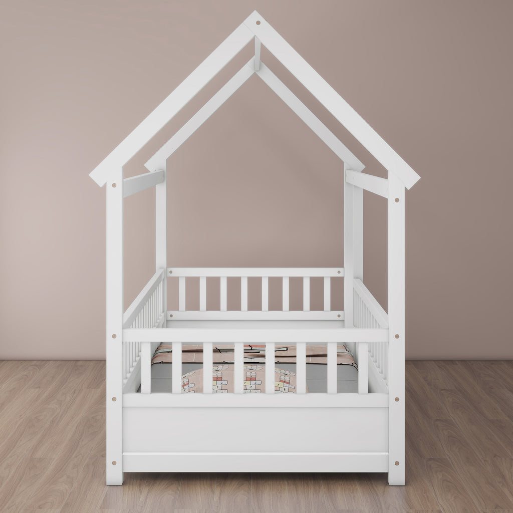 Twin Size Floor Wooden Bed with House Roof Frame