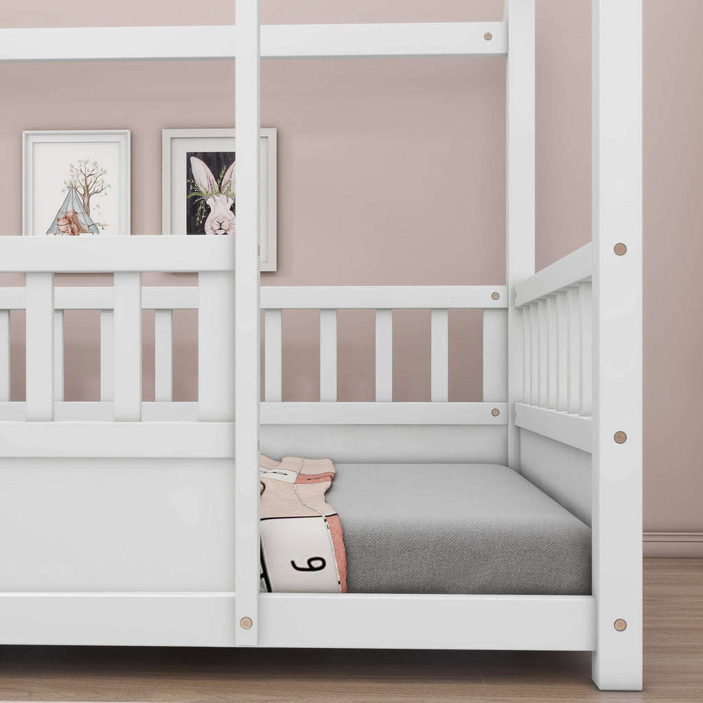 Twin Size Floor Wooden Bed with House Roof Frame