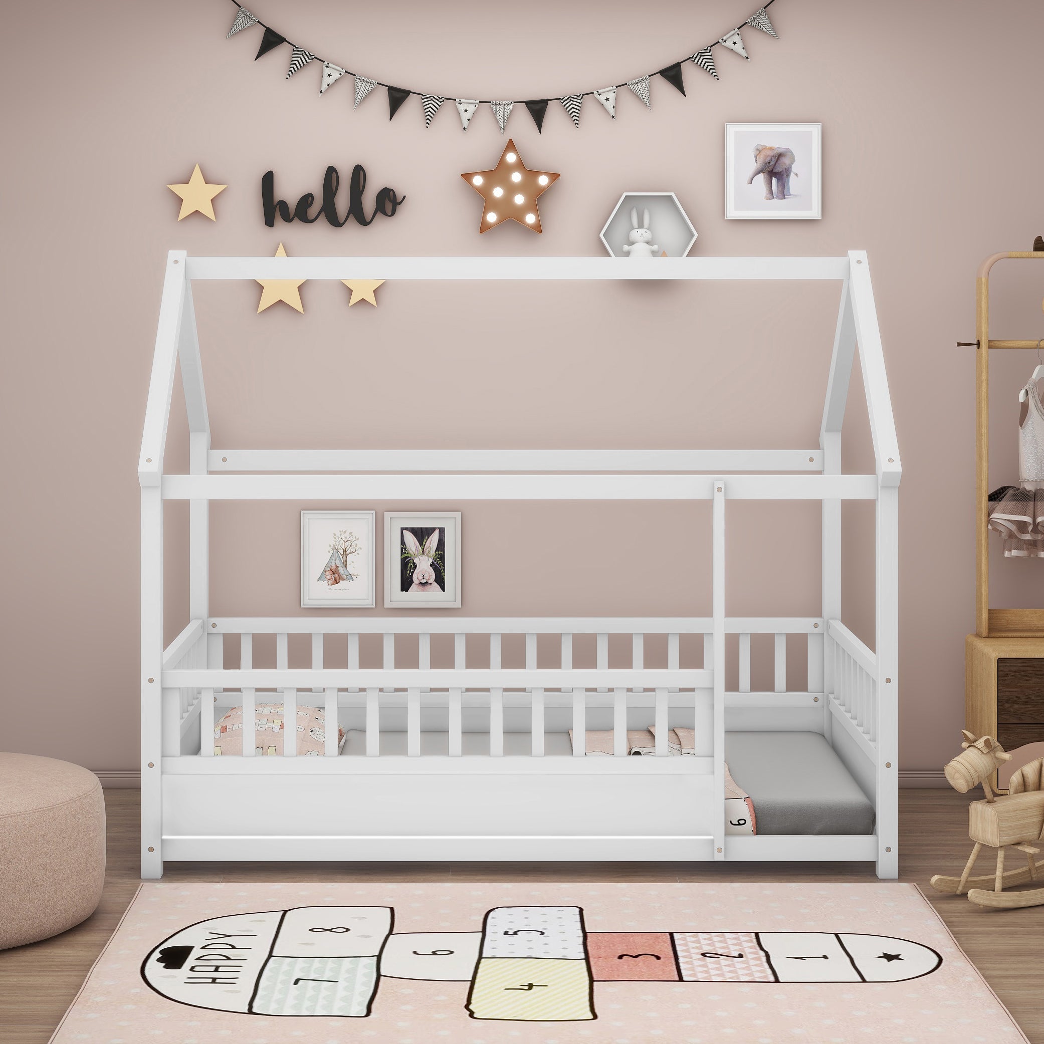 Twin Size Floor Wooden Bed with House Roof Frame