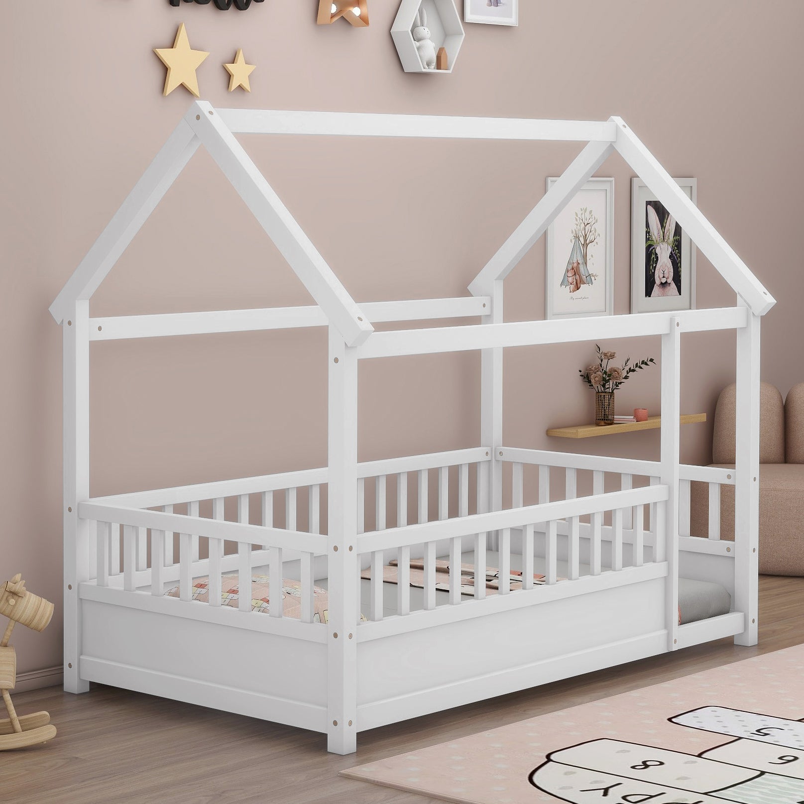 Twin Size Floor Wooden Bed with House Roof Frame