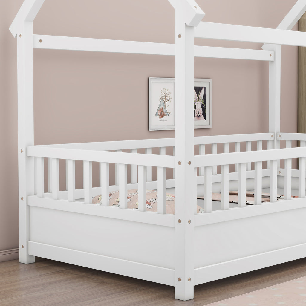 Twin Size Floor Wooden Bed with House Roof Frame