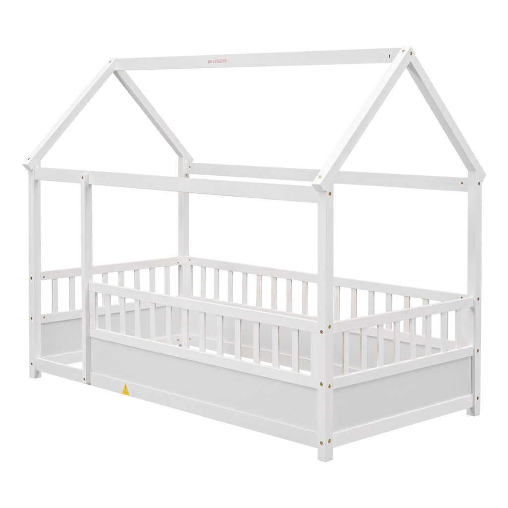 Twin Size Floor Wooden Bed with House Roof Frame