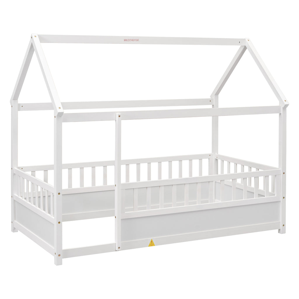 Twin Size Floor Wooden Bed with House Roof Frame