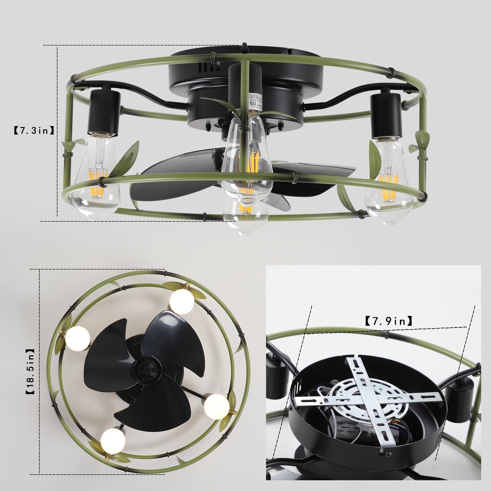 19" Green Industrial Ceiling Fan with Light