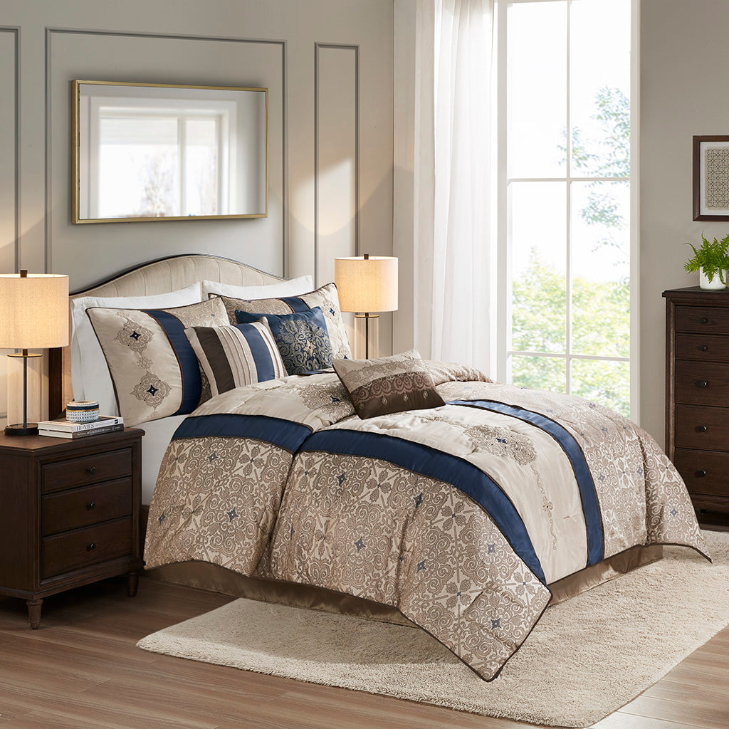 Queen 7 Piece Jacquard Comforter Set with Throw Pillows