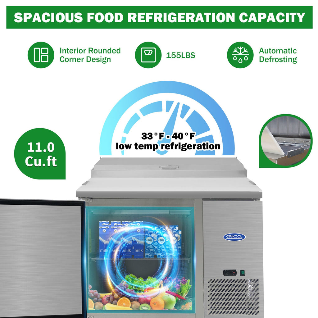 Orikool 44 Inch Commercial Pizza Prep Table with Refrigerator
