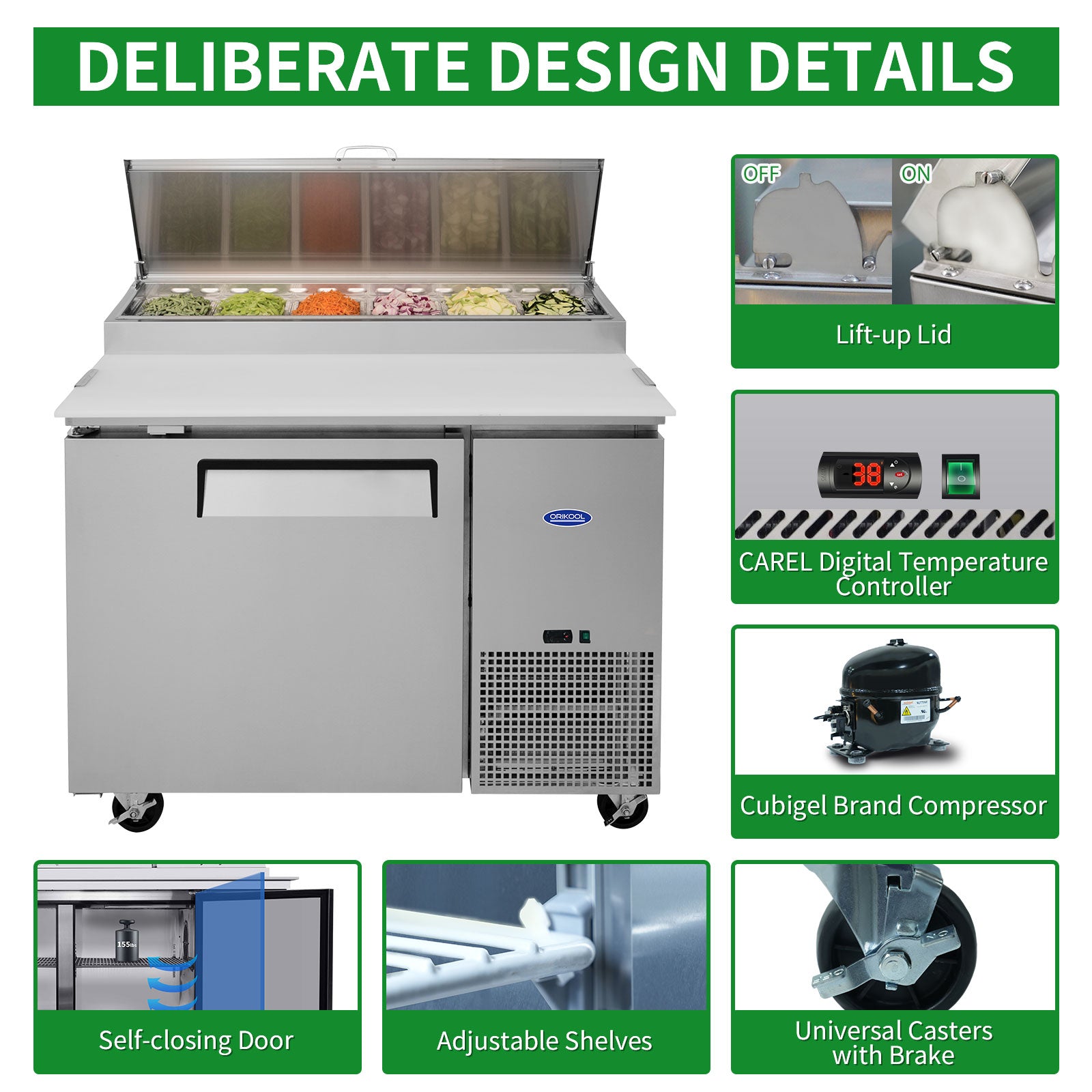 Orikool 44 Inch Commercial Pizza Prep Table with Refrigerator