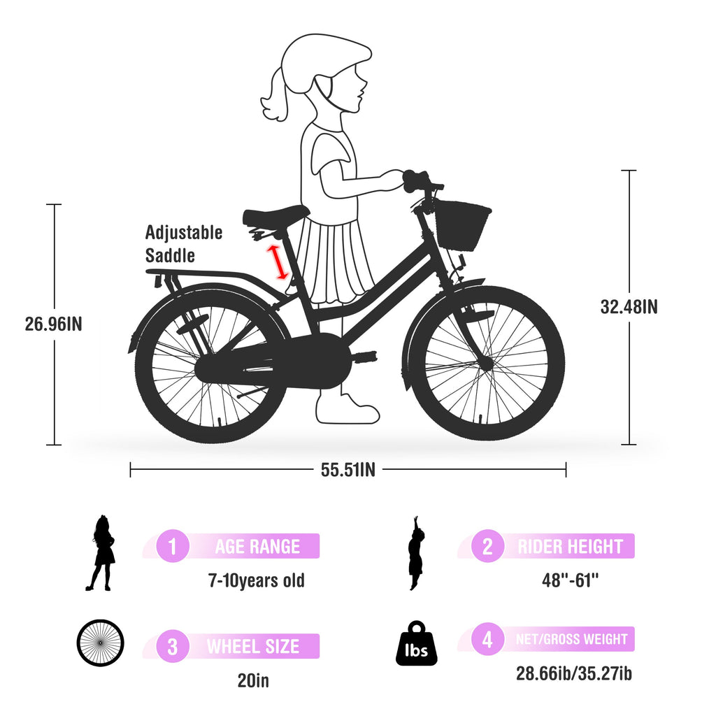 Girls Bike with Basket for Ages 7-10 Years - 20 Inch Wheels